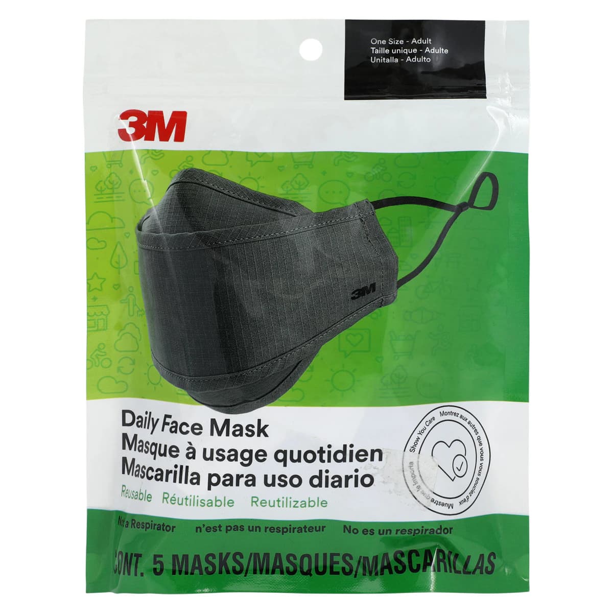3M Reusable Face Mask, Adult, Gray, 5/Package - 3M Reusable Face Mask - Image 1