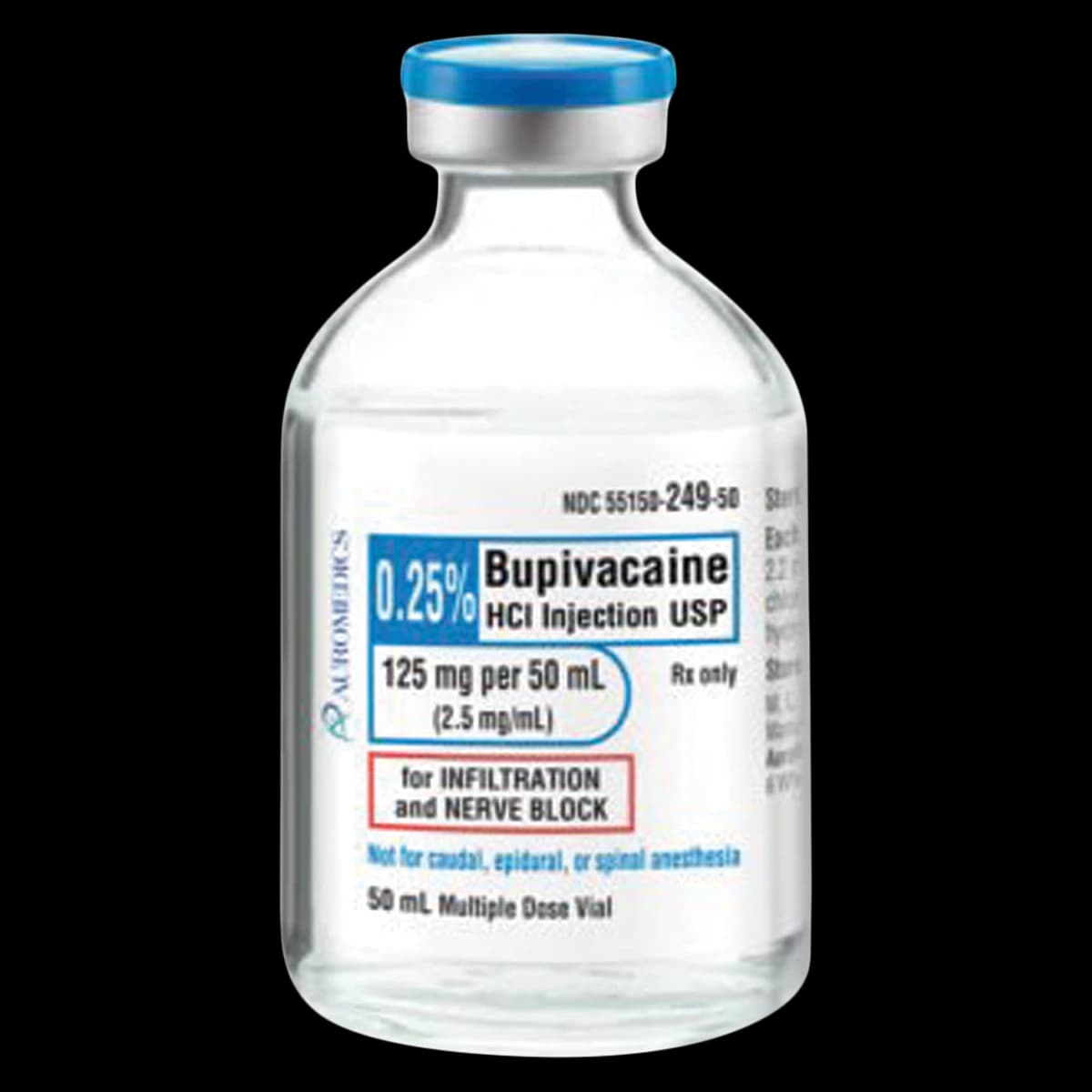 Bupivacaine HCl Injection USP 0.25% MDV 125mg/50mL, 25/Pack, NDC 55150-0249-50 - Bupivacaine HCl Inj MDV 50mL - Image 1
