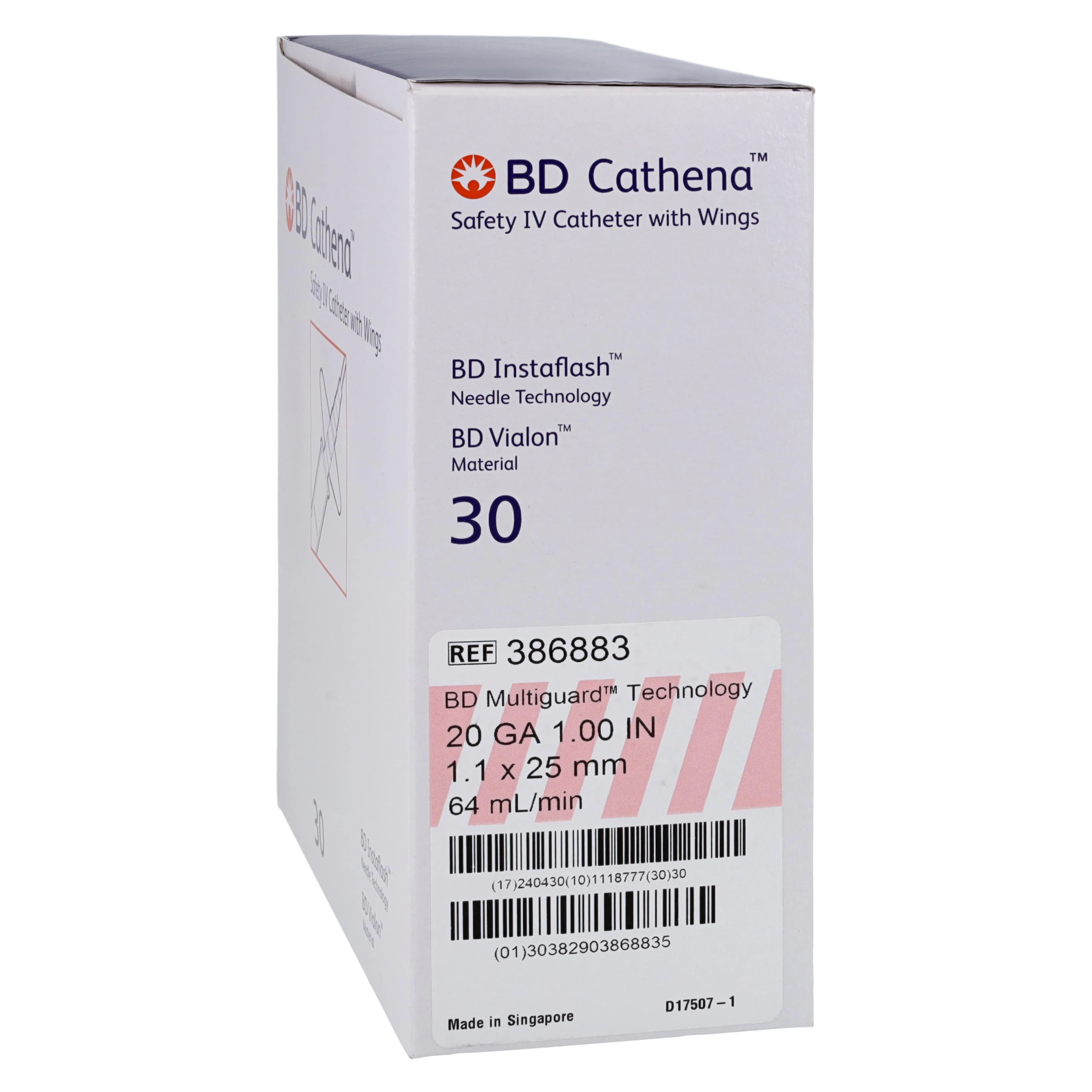 Cathena Safety IV Catheter, 20 Gauge, 1" Pink, Shielded with Wings, 30/Box - Cathena Safety IV Catheter Win - Image 1