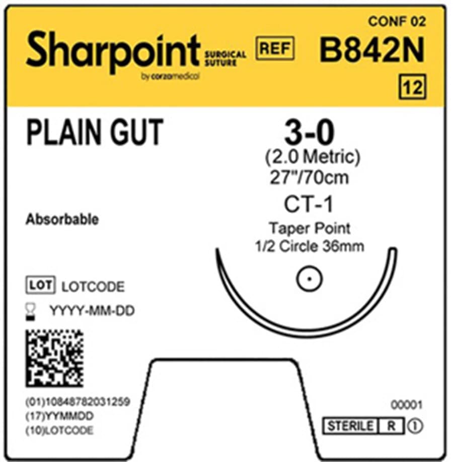 Suture Plain Gut Monofilament 3-0, 27", CT-1 Taper Point 1/2 Circle Needle 36mm, Uncoated Natural, 12/Box - Suture Plain Gut 3-0 27" - Image 1