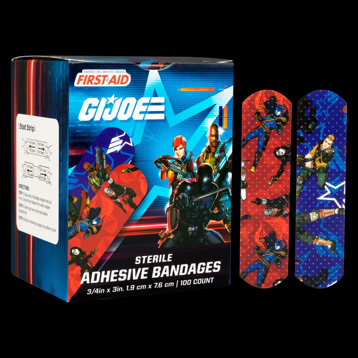 American White Cross First Aid Adhesive Bandage, Plastic, 3/4" x 3", GI Joe Design, Sterile, 100/Box - Bandage GI Joe Sterile - Image 1