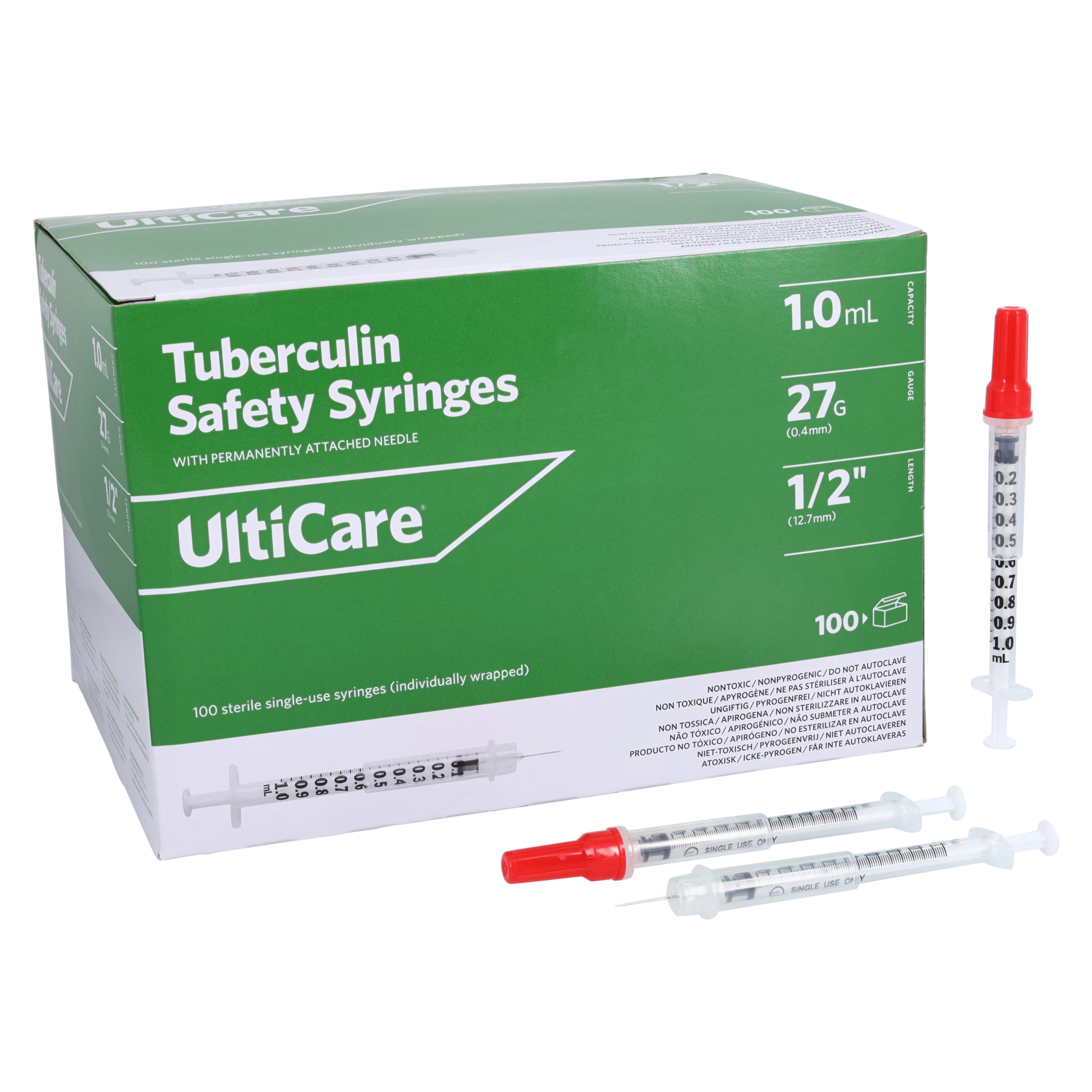 UltiCare Tuberculin Syringe/Needle, 1mL, 27G x 1/2", Fixed Permanently Attached Needle, Safety, Sterile, Latex-Free, 100/Box - Needle/Syringe TB 1mL - Image 1