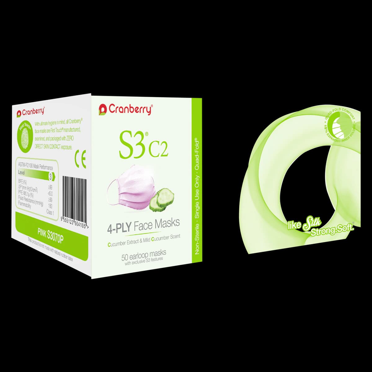 Cranberry S3 C2 Earloop Face Mask, ASTM Level 3, Pink, Cucumber Extract, 50/Box, S3070P - S3 C2 Earloop Face Masks - Image 1