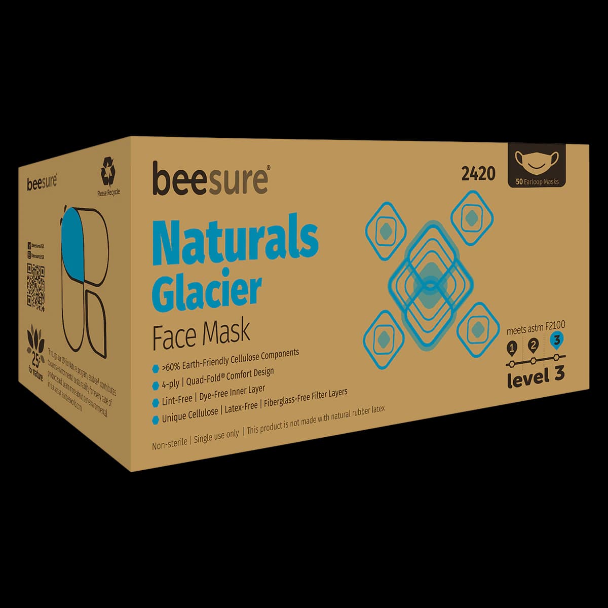 BeeSure Naturals Procedure Face Mask, ASTM Level 3, Ear Loop, Glacier Blue, 50/Box, BE2420 - BeeSure Naturals Procedure Face Mask ASTM Level 3 Glacier Blue Box of 50 - Image 1