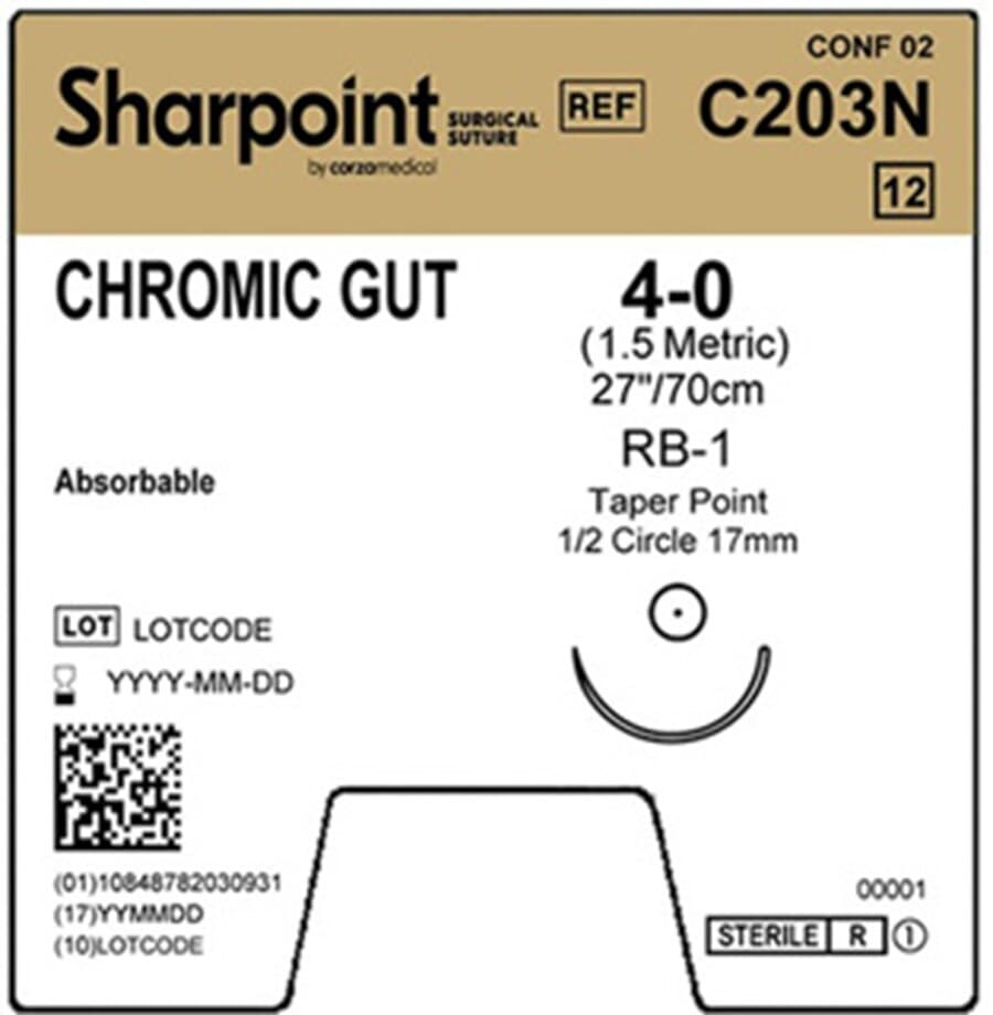 Sharpoint Chromic Gut Suture, 4-0, 27 in, RB-1 Taper Point 1/2 Circle 17mm Needle, Absorbable, Natural, 12/Box - Suture 4-0 Chrmc Gut SArm - Image 1