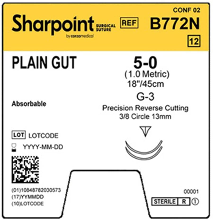 Sharpoint Plain Gut Absorbable Suture, 5-0, 18 in, G-3 Precision Reverse Cutting 3/8 Circle Needle 13mm, Uncoated Natural, 12/Box - Suture Plain Gut 5-0 18" - Image 1