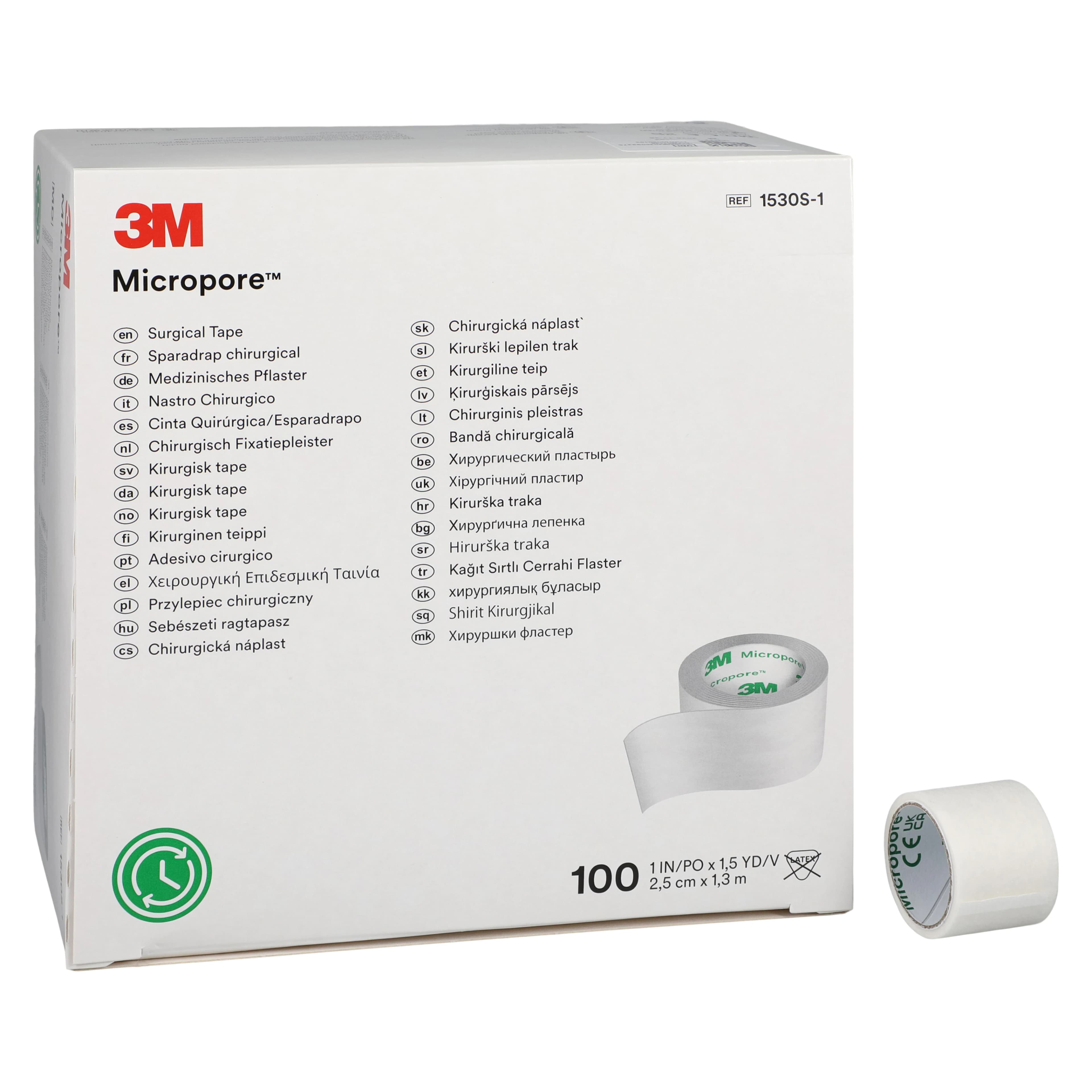 3M Micropore Surgical Tape, Paper, 1" x 1.5 yd, White, 100 Rolls/Box, 1530S-1 - 3M MICROPORE SURGICAL TAPES 1530S-1 - Image 1