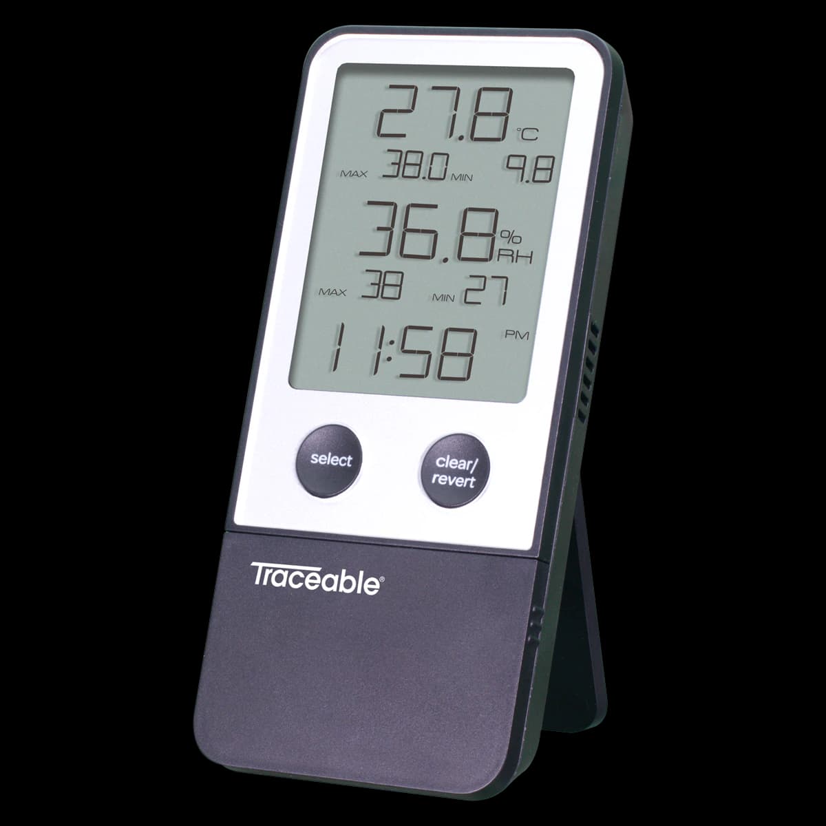 Cole-Parmer Traceable Thermohygrometer with Clock, Digital LCD, NIST-Traceable, 32-122°F (0-50°C), 20-90% RH - Hygrometer w/Clock - Image 1