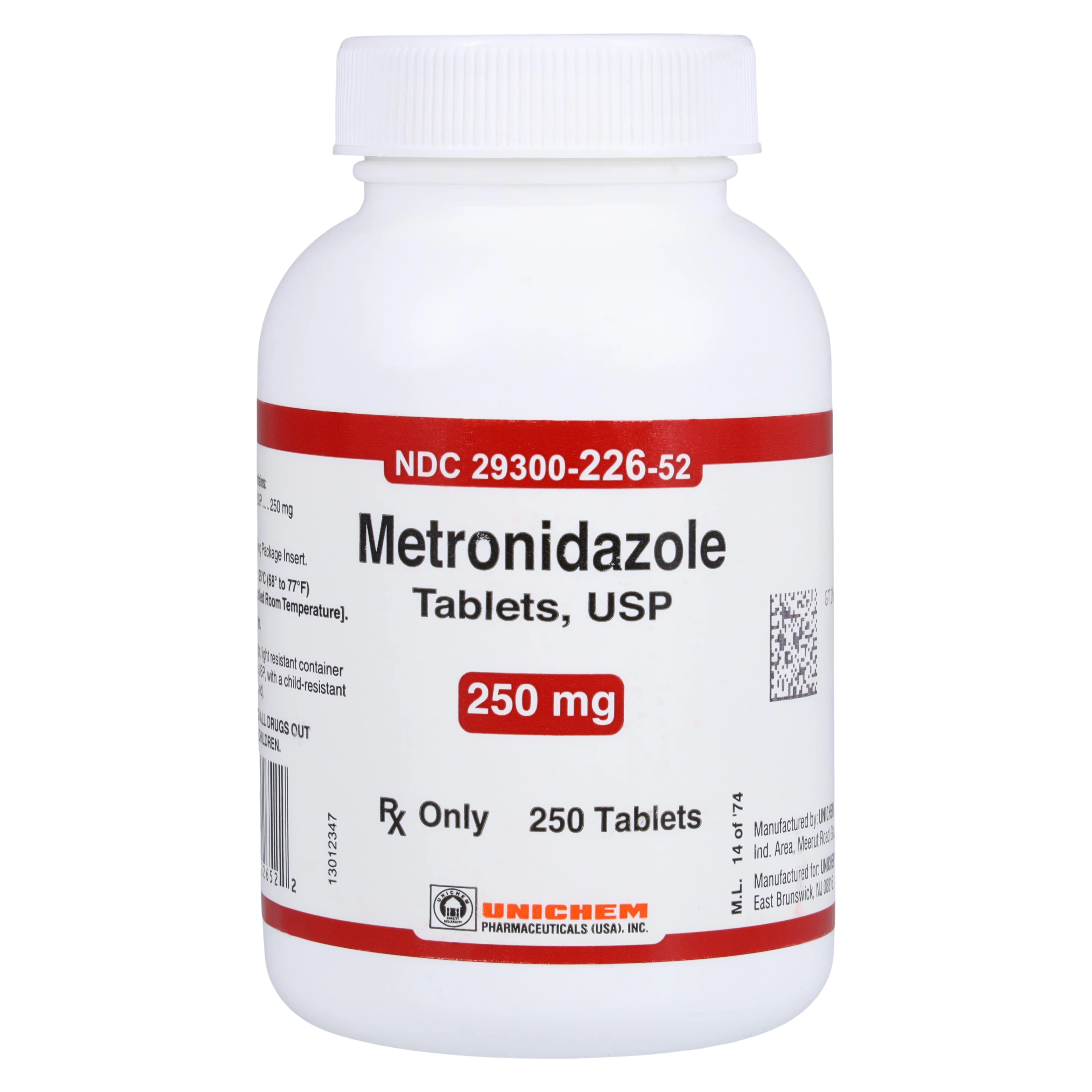 Metronidazole Tablets, 250mg, Unichem Pharmaceuticals, 250/Bottle - Metronidazole Tablets - Image 1