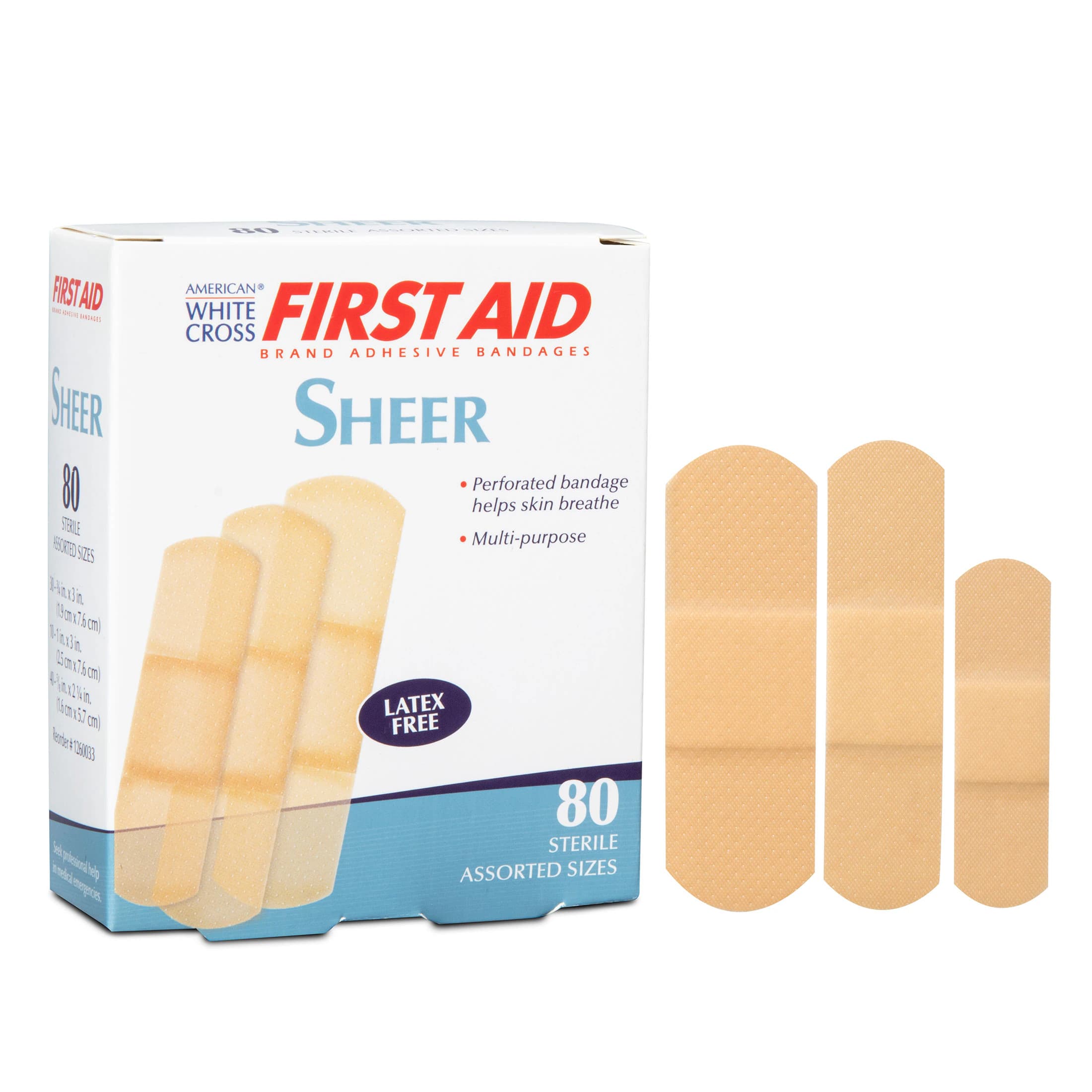 American White Cross Adhesive Bandage Plastic Assorted Sheer Sterile, 80/Box - Bandage Adhsv Sheer Strip - Image 1