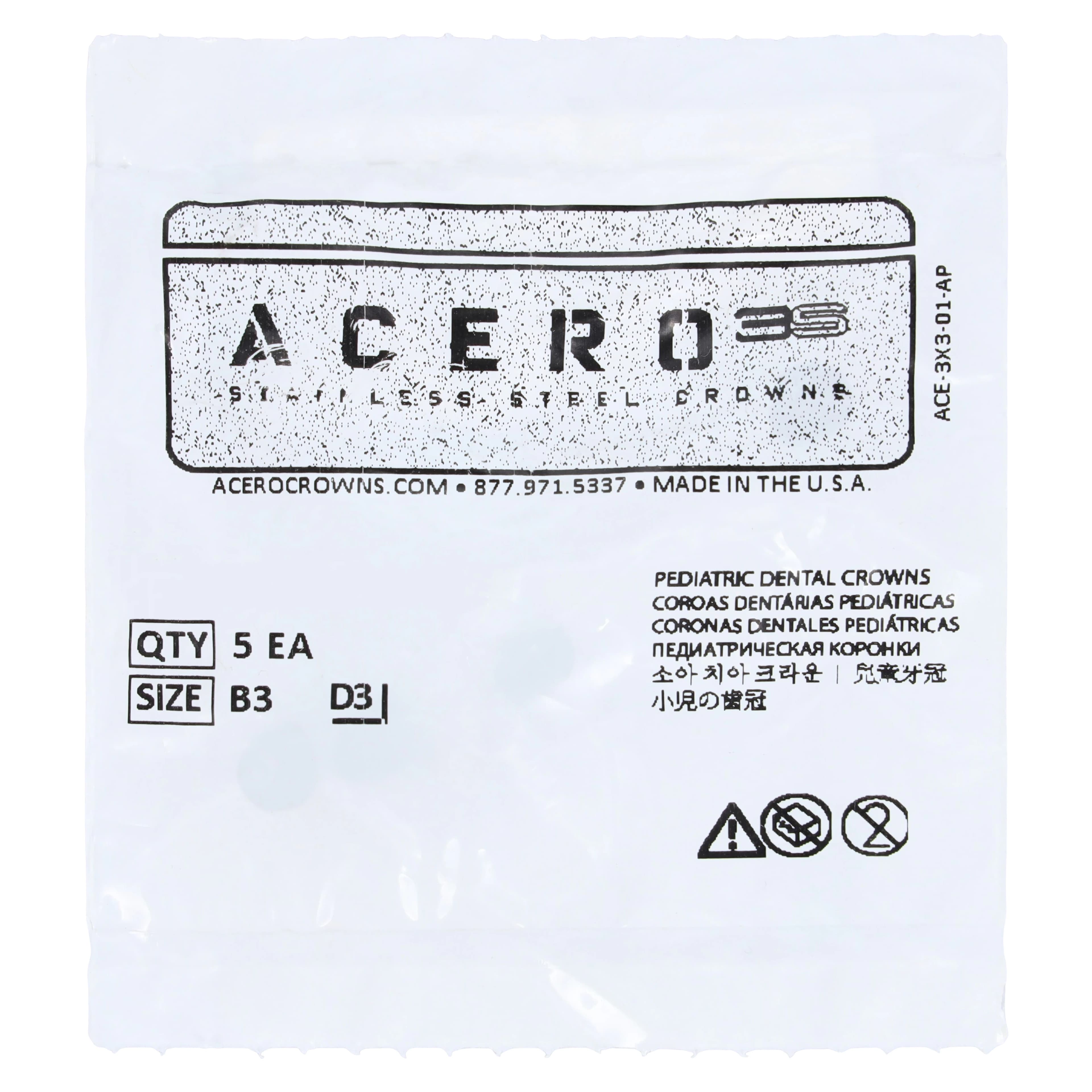Acero 3S Stainless Steel Primary Molar Crown, Upper Right First Molar (B), Size 3, 5/Pack - Acero 3S Upper Right First Molar "B" Refill 5/Pack - Image 1