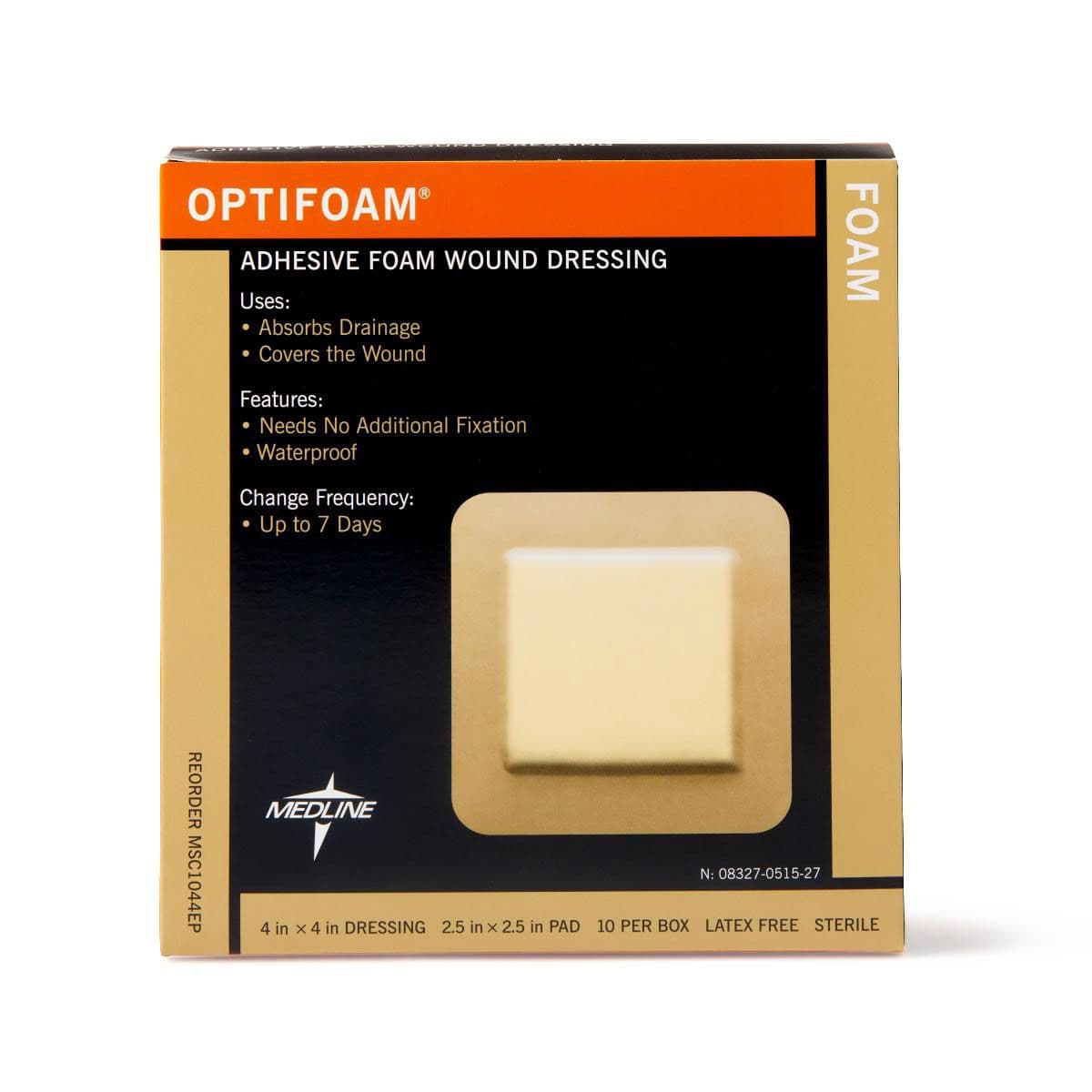 Medline Optifoam Adhesive Foam Wound Dressing, 4" x 4", Sterile, Box of 10 - Dressing Wound Optifoam Adhesi - Image 1