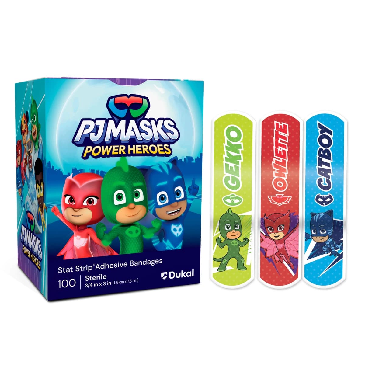 Dukal Stat Strip Adhesive Bandage, PE Film/Acrylic Adhesive, 3/4" x 3", PJ Masks, Sterile, 100/Box - PJ Masks Adhesive Bandage - Image 1