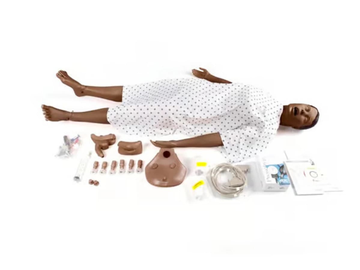 Laerdal Nursing Anne Full Body Training Manikin, Dark Skin Female Adult, with Multi-Venous IV Training Arm (Left), Blood Pressure Training Arm (Right), Blood Pressure Cuff, Male & Female Genitalia, Urinary and Anal Connector Valves, Clamps, Syringe, Lubricant, Gown, and Directions for Use - Manikin Nursing Anne Laerdal - Image 1