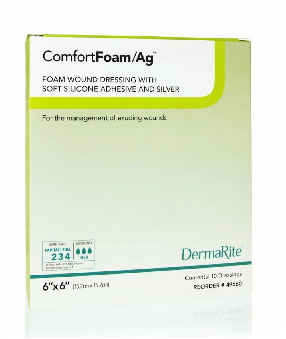 ComfortFoam/Ag Antimicrobial Foam Dressing, Non-Border, 6x6" Sterile, Silicone Adhesive, White/Tan, Latex-Free - ComfortFoam/Ag NB Dressing - Image 1