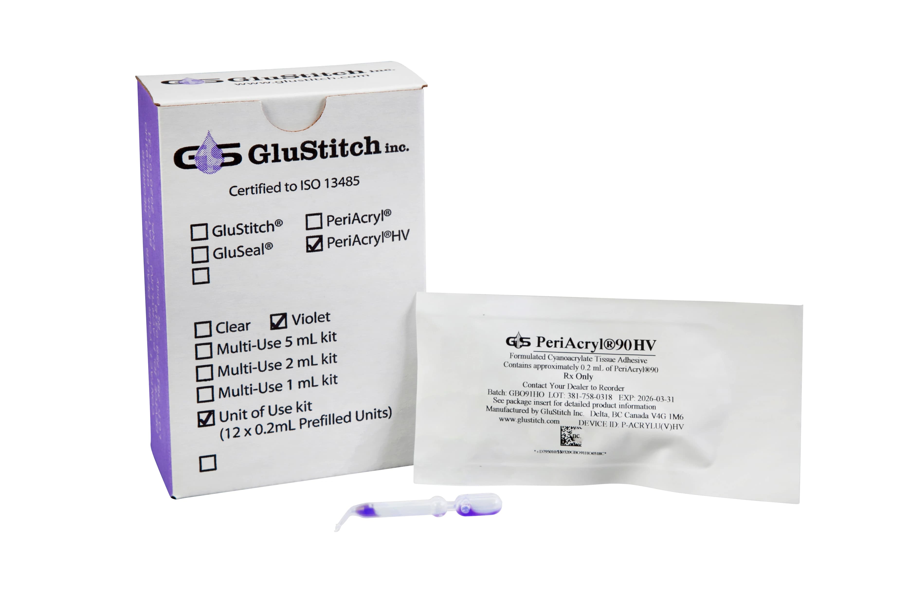 PeriAcryl90 HV Single-Use Amp, Oral Adhesive Cyanoacrylate, Violet, 0.2 mL, 12/Box - PeriAcryl90 HV Single-Use Amp - Image 1