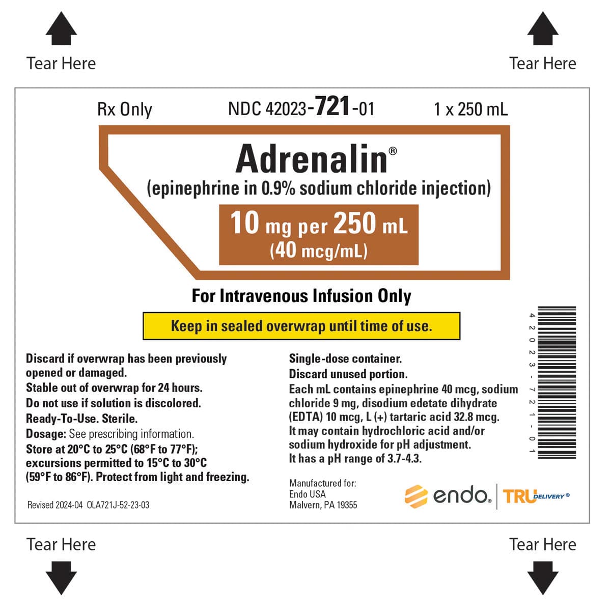 Adrenalin (Epinephrine) Injection 5mg/250mL IV Bag, 10/Package - Adrenalin Inj Bag 250ml - Image 1