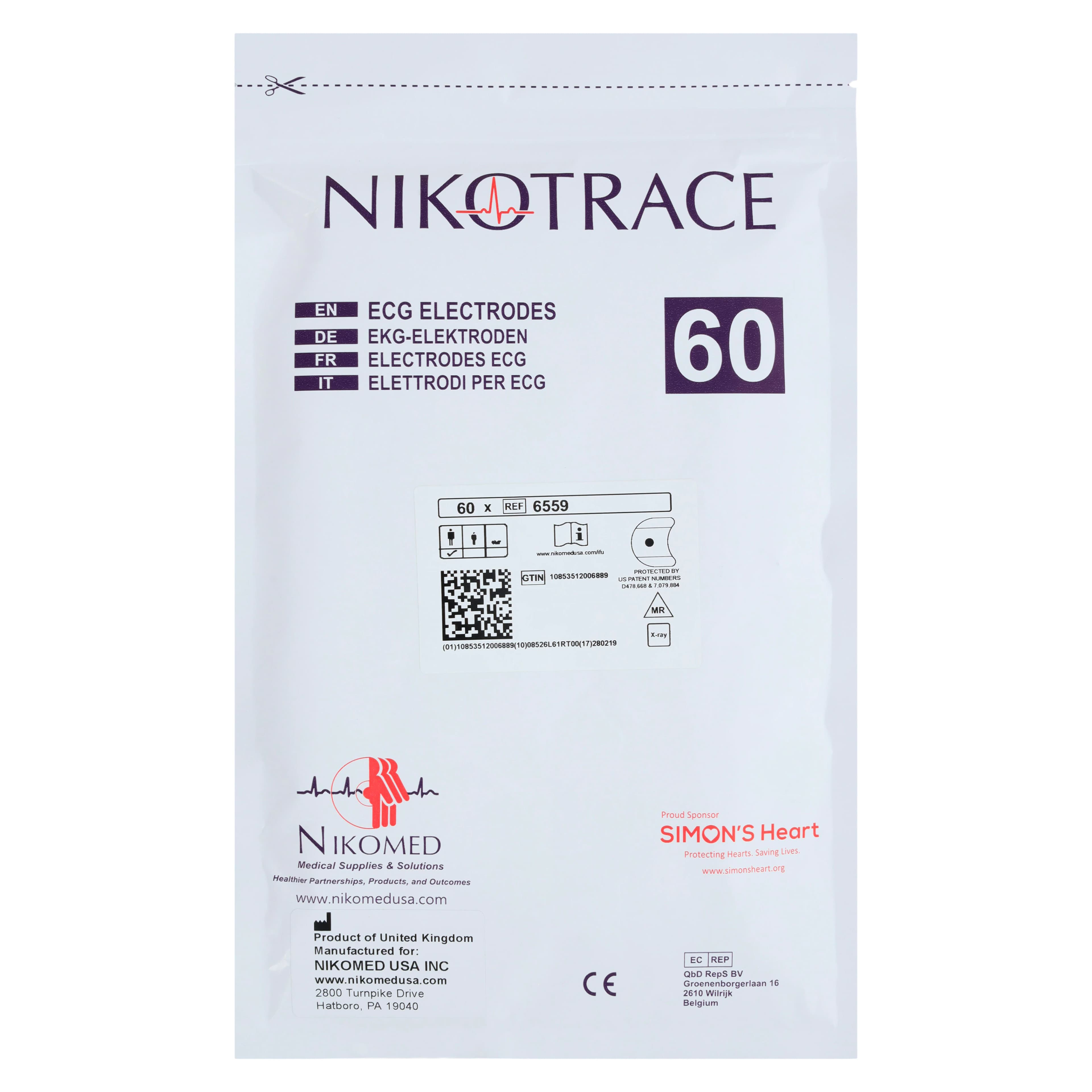 NIKOTRACE ECG Monitoring Electrodes, Adult/Child, Wet Gel Foam Backing, 34x50mm, 3/5/7/10 Lead, Purple, 600/Box - Monitoring ECG Wet Gel Fm - Image 1