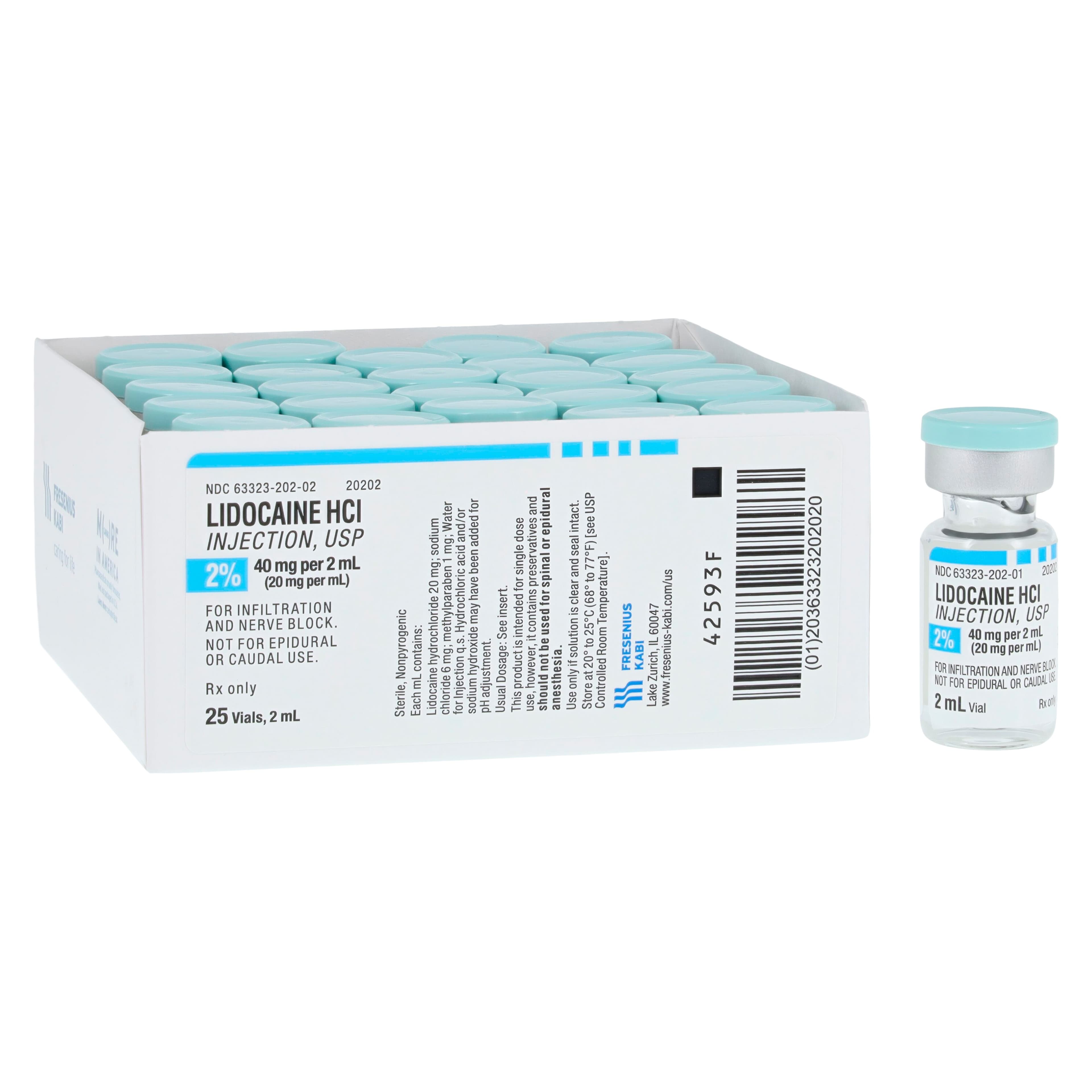 Lidocaine HCl Injection 2% Single-Dose Vial, 2 mL, 25/Package (Fresenius Kabi) - VIZ Lidocaine Inj SDV 2mL - Image 1