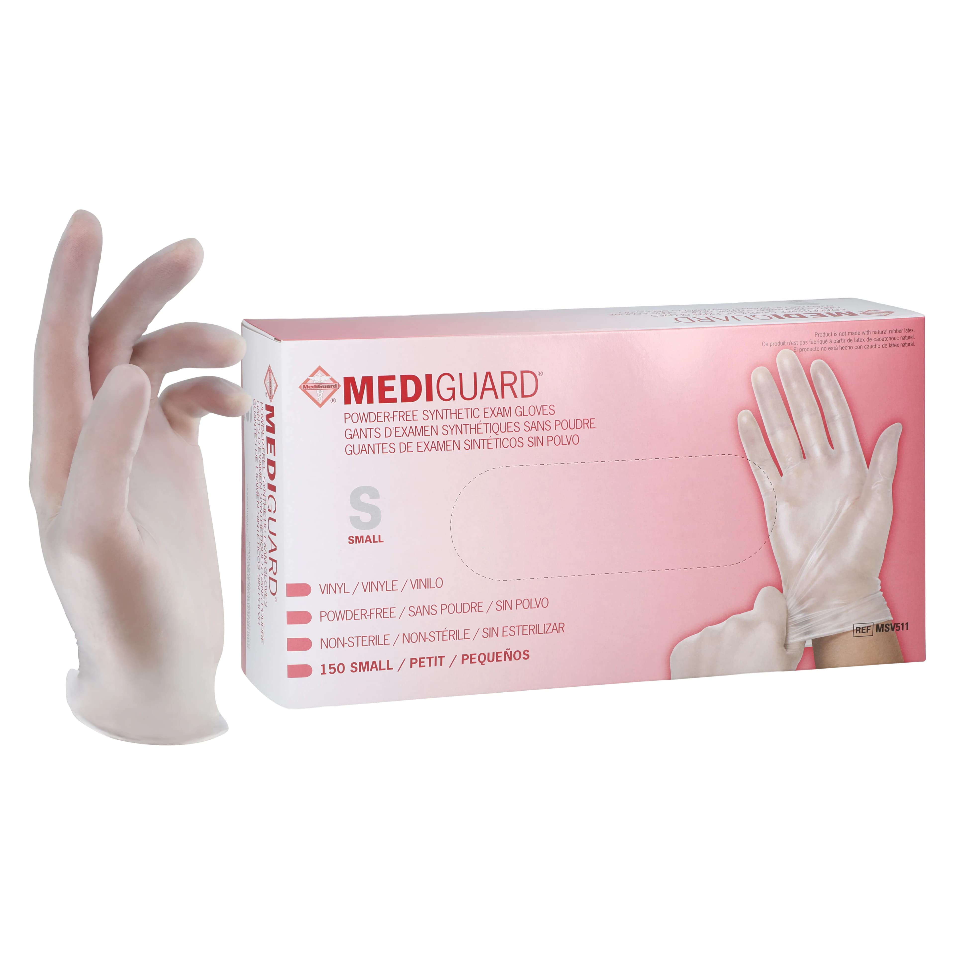 MediGuard Vinyl Exam Gloves, Powder Free, Small, Clear, Non-Sterile, 150/Box - Gloves Exam Mediguard PF - Image 1