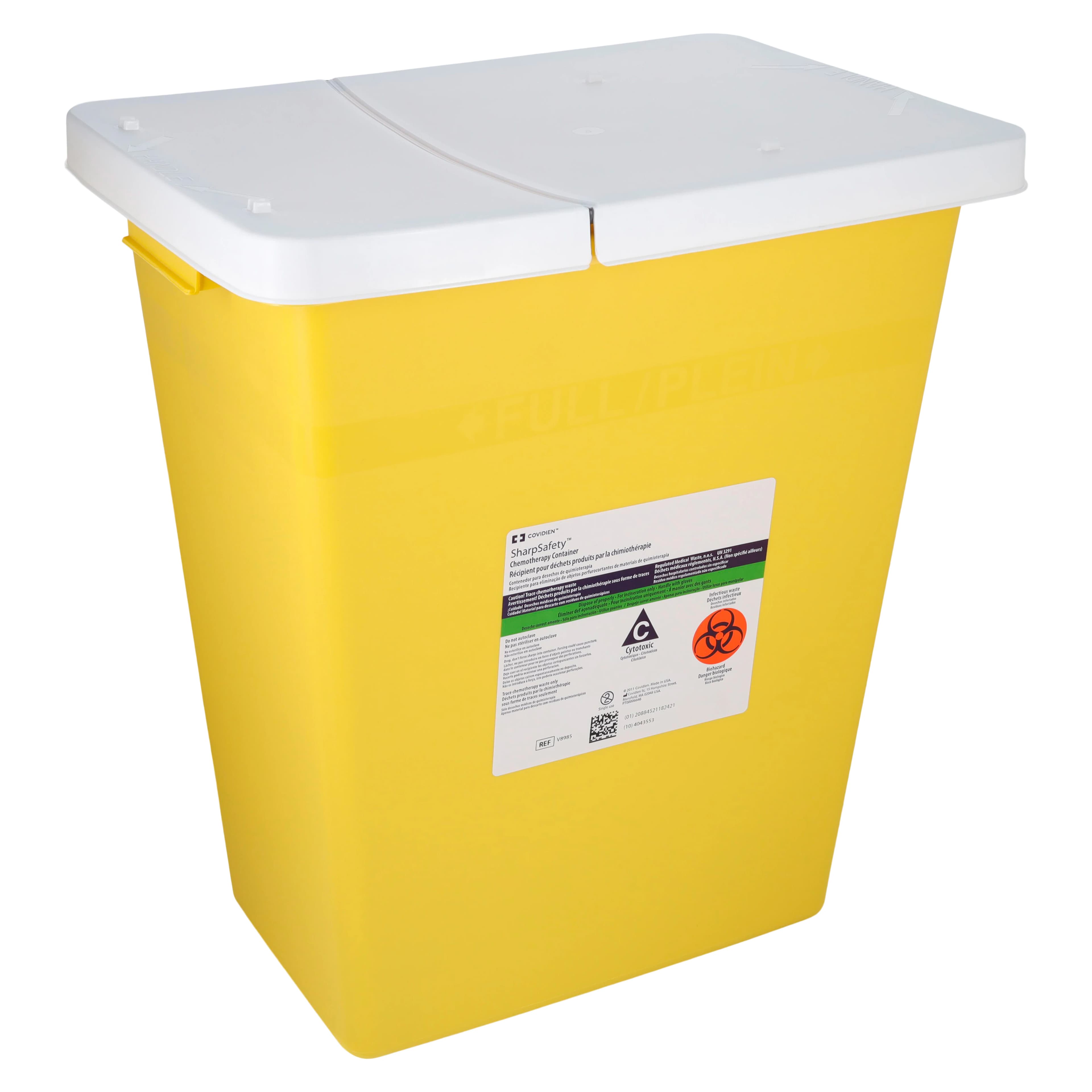 Cardinal Health Chemotherapy Sharps Container, 8 Gallon, Yellow, Hinged Lid, Polypropylene, 11 x 15.5 x 17.75 in - Container Chemo Sharps Yellow - Image 1
