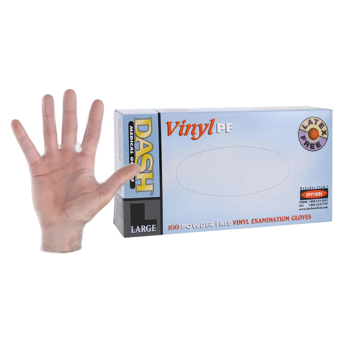 Dash Medical Gloves Vinyl Powder-Free Exam Gloves, Latex-Free, Non-Sterile, Large, Clear, 100/Box, SPF100L - Vinyl PF Exam Gloves – Latex Free, 100/Box - Large - Image 1