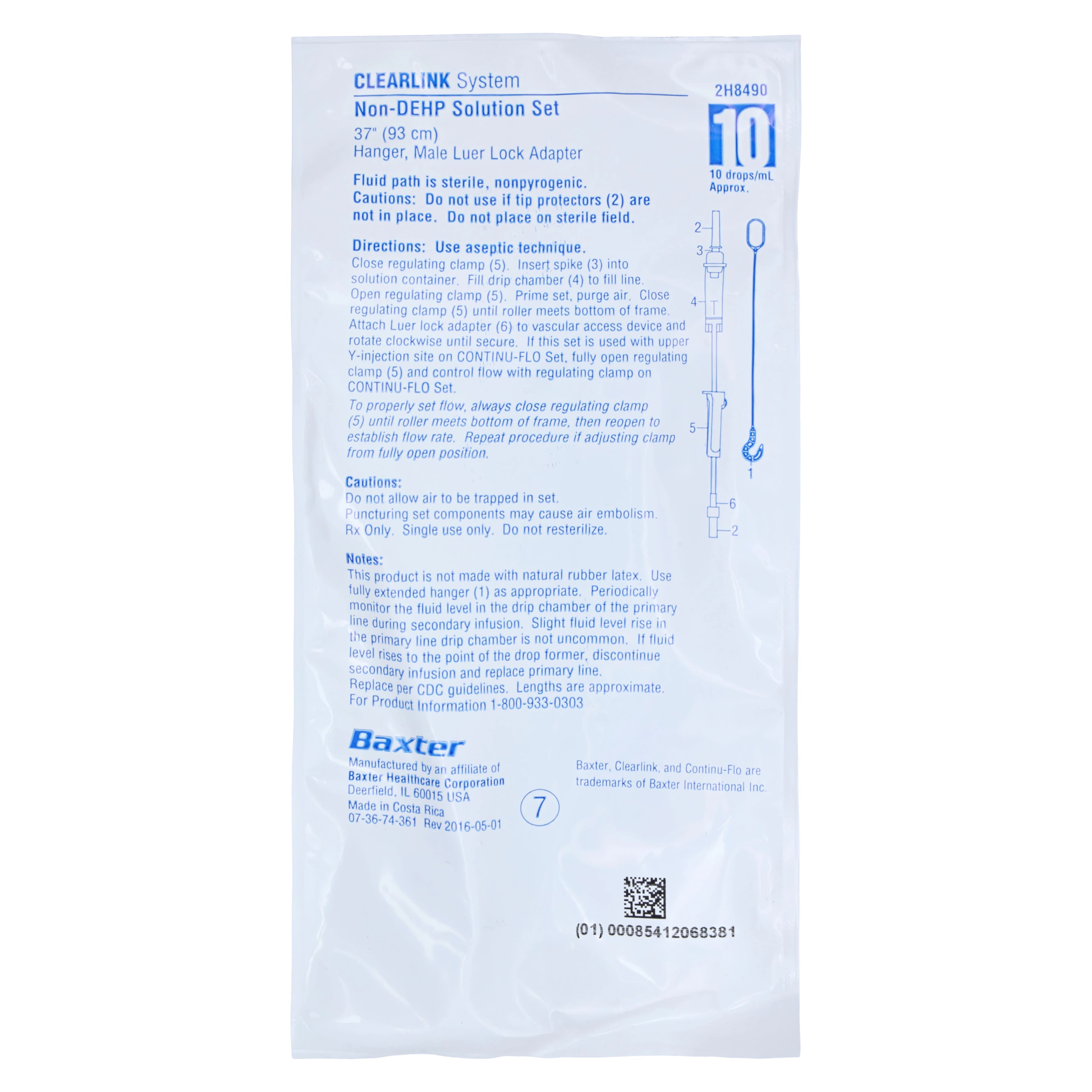 Baxter IV Administration Set, Non-DEHP, ClearLink Luer Activated Valve, 10 Drops/mL, 37" Tubing, Male Luer Lock Adapter, Secondary Infusion Spike, Sterile, 48/Case - Med Set Non-DEHP Clr Lnk 37" - Image 1