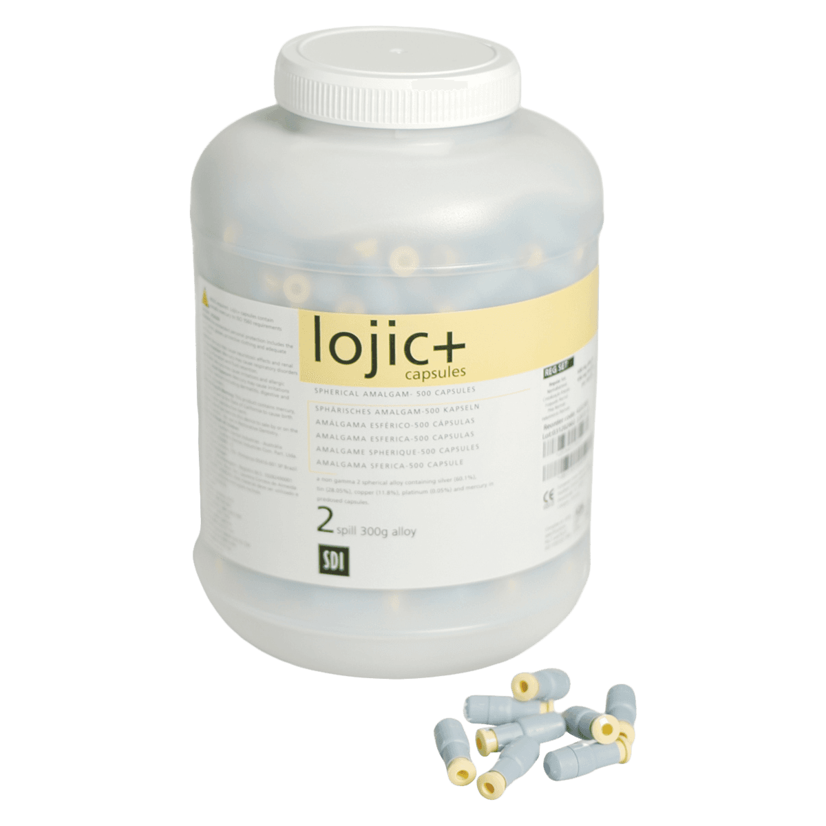 SDI Lojic+ Spherical Amalgam Capsules, 2-Spill (600 mg), Fast Set, 500/Jar, #4222202 - Lojic+ 2-Spill Fast Set Alloy (500) - Image 1