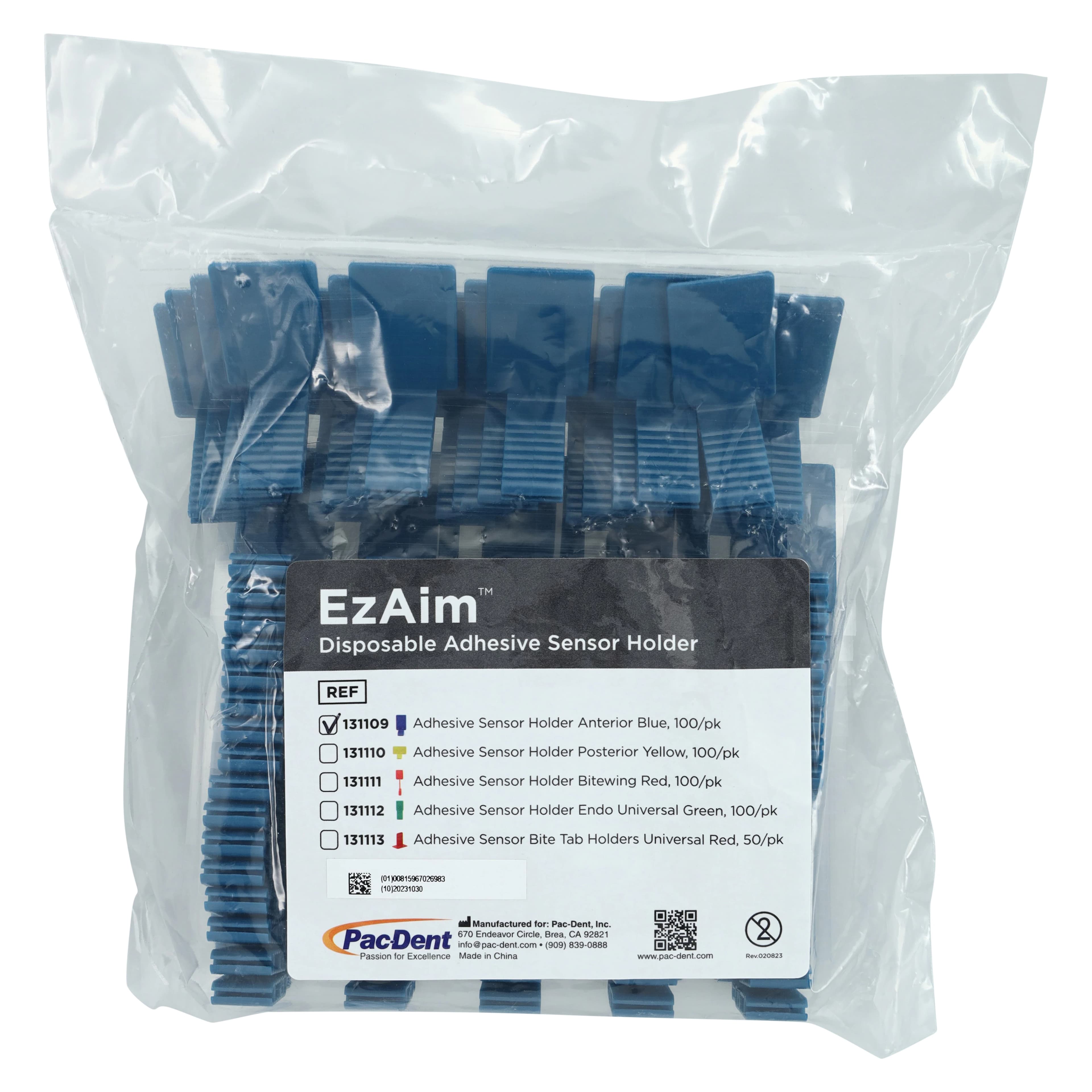 Pac-Dent EzAim Disposable Adhesive Sensor Holder, Anterior, Blue, 100/Pk, 131109 - EzAim Disposable Adhesive Sensor Holder Anterior Blue 100/Pk - Image 1