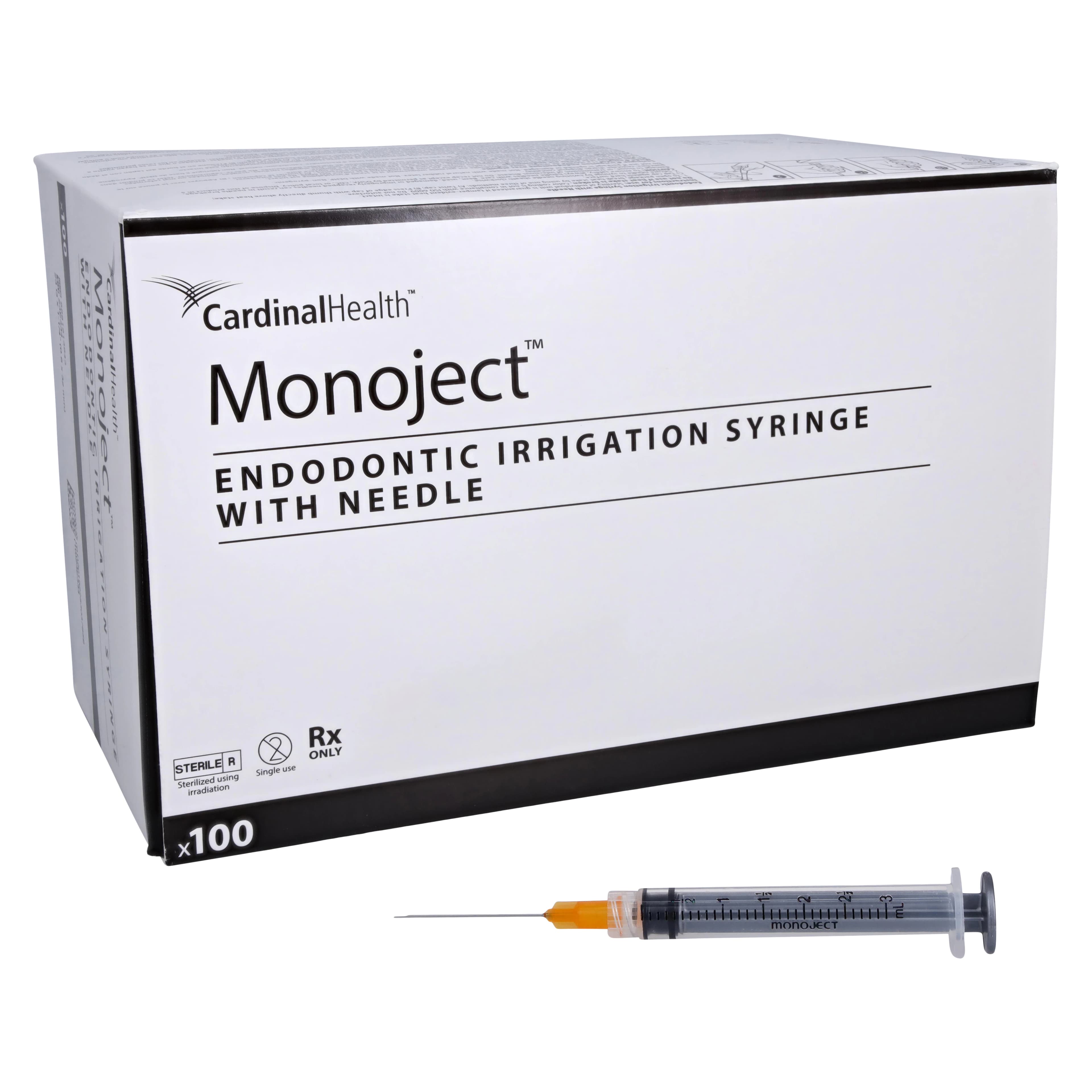Monoject 513 Endodontic Irrigation Syringe with Needle, 23 Gauge x 1-1/4" (31.7 mm), 3 mL, Orange, Sterile, 100/Box, 8881513843 - Monoject Endodontic Needle w/Irrigation Syringe 23G - Box of 100 - Image 1