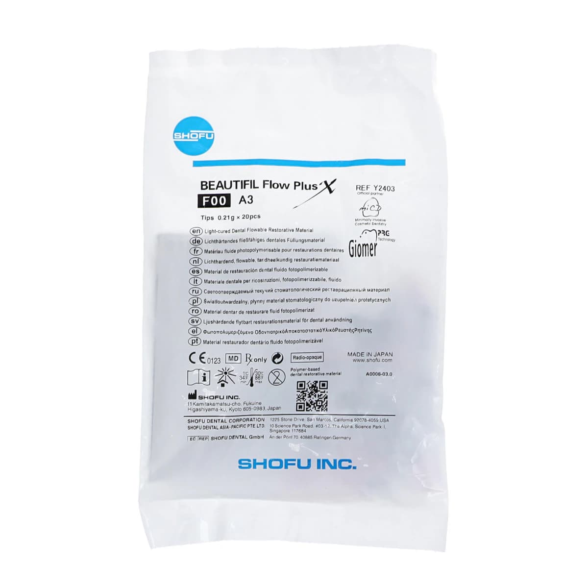 Beautifil Flow Plus X Flowable Composite, F00 (Zero Flow), Shade A3, 0.21 g Tips, 20/Pkg, Y2403 - Beautifil Flow Plus X - Tips - F00 - A3 - Image 1