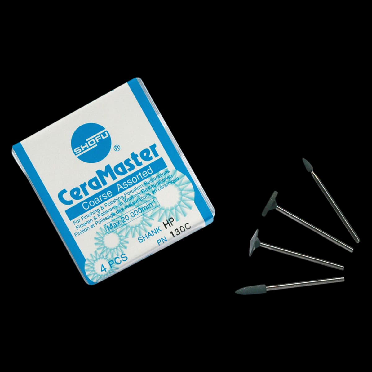 Shofu CeraMaster Coarse Assortment HP Kit, Diamond Polishers, 4-Piece Set (Bullet, Mini-Point, KN7, WH6), 130C - Ceramaster Coarse Asst Hp - Image 1