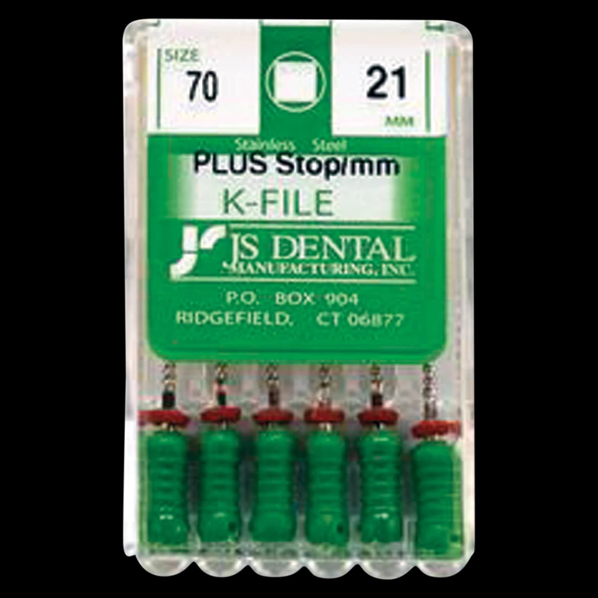 JS Dental K-File Plus #70 (Green), 21mm, Stainless Steel, with Rubber Stop & mm Markings, 6/Box - #70 Green K-Files Plus 21mm Pack of 6 - Image 1