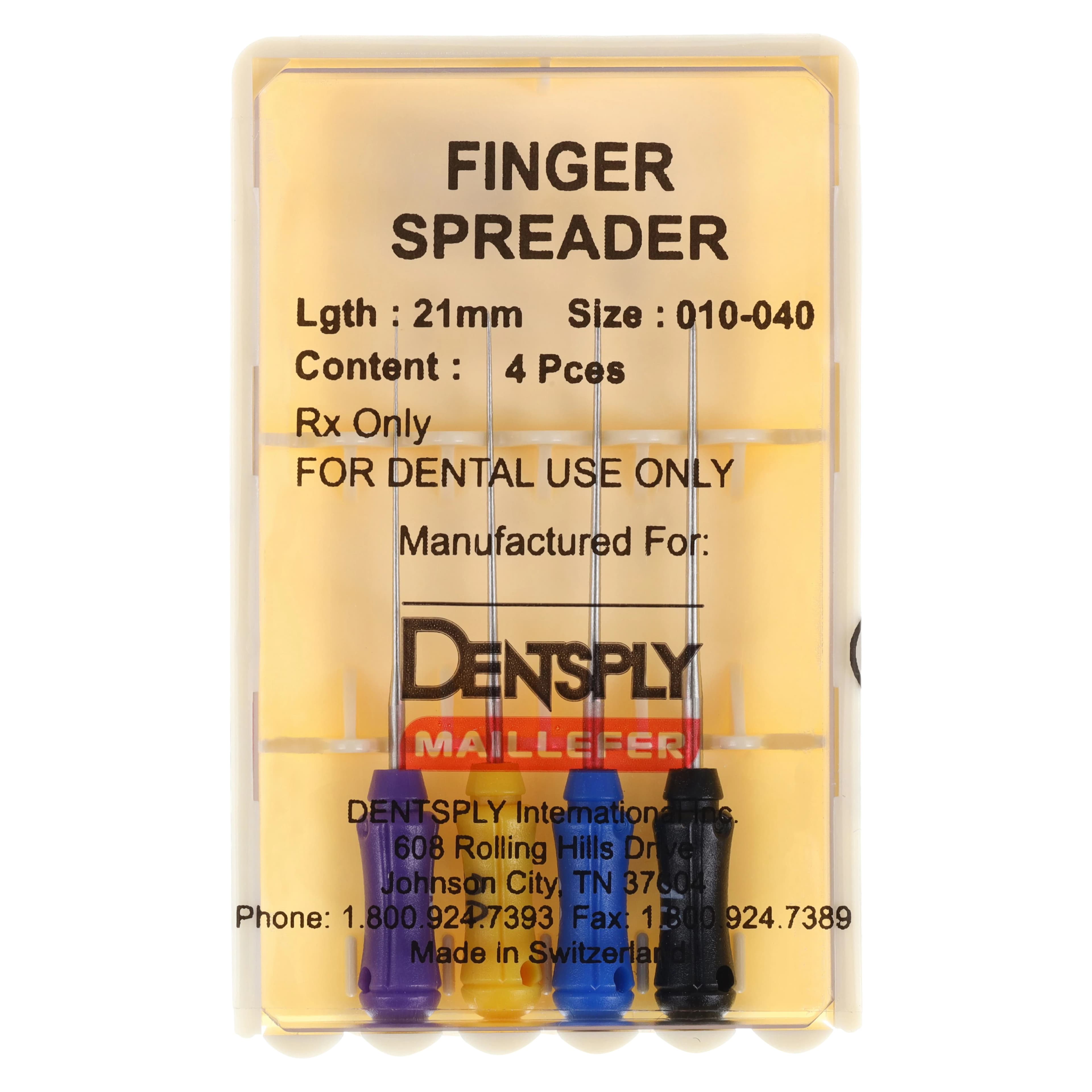 Dentsply Maillefer Finger Spreader, Assorted Sizes 10-40, 21mm, Stainless Steel, Color-Coded, Pack of 4 - Assorted Sizes Finger Spreader 21mm Pack of 4 - Image 1