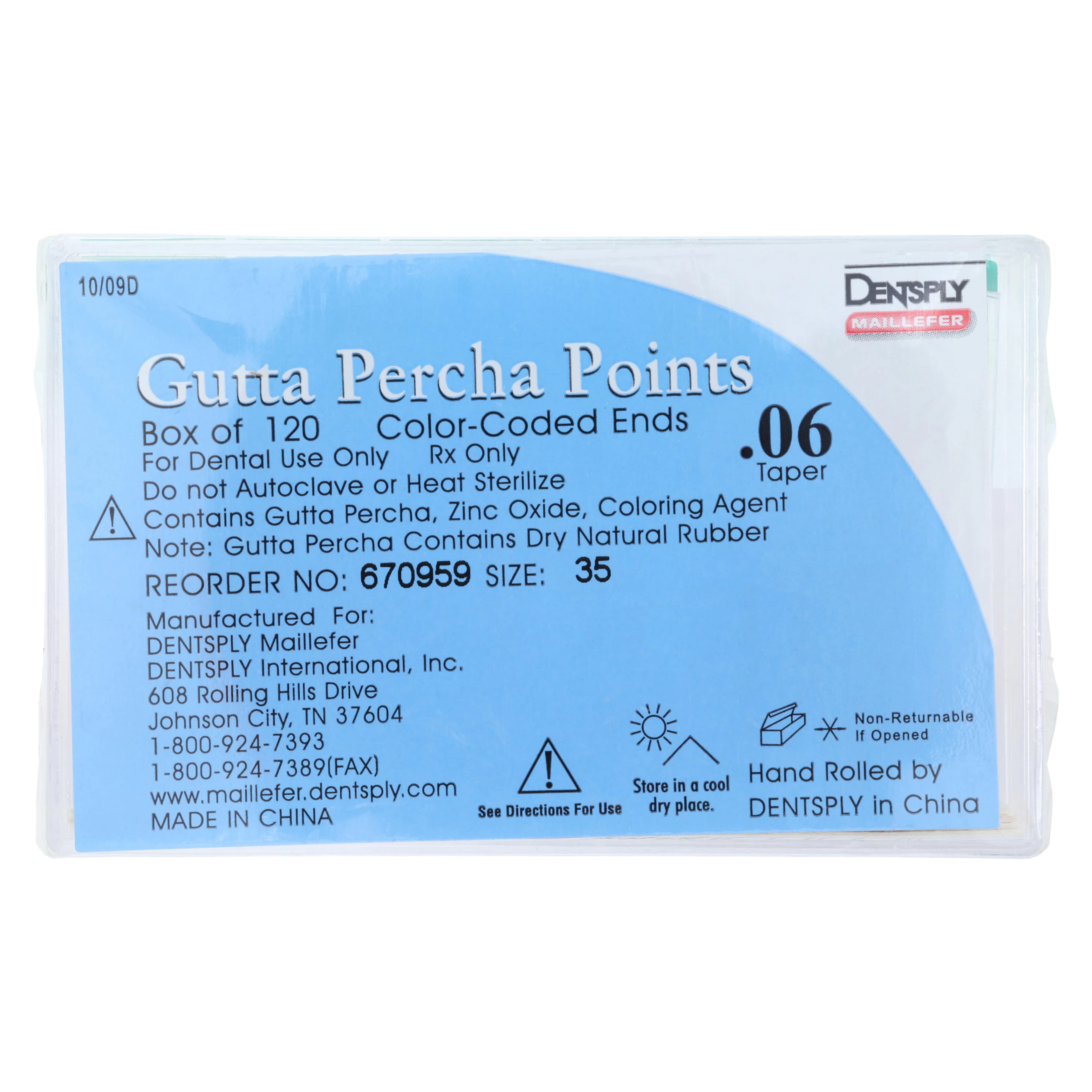 Dentsply Maillefer Gutta Percha Points, .06 Taper, Size #35, 120/Box (670959) - -35 Gutta Percha .06 Taper (120) - Image 1