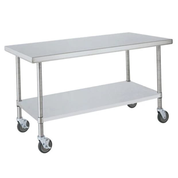 InterMetro Industries Mobile Work Table with Shelf, Stainless Steel, 72" x 30" - Table Work Mobile w/Shelf SS - Image 1