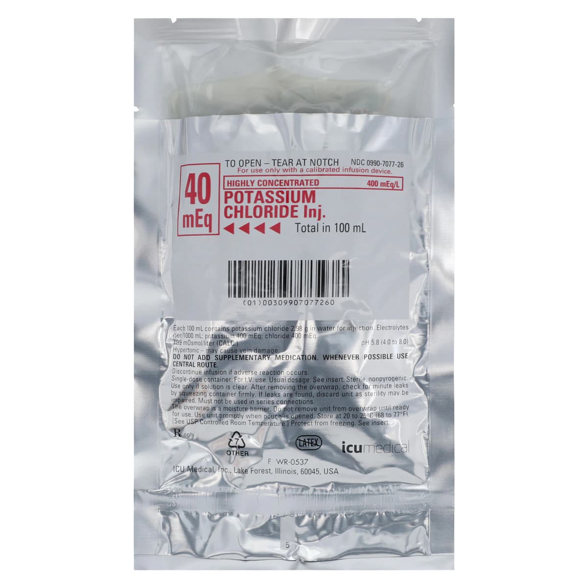 Potassium Chloride in Water Injection, 40 mEq, 100 mL Premix IV Bag, 24/Case (ICU Medical) - Potassium Sol Premix 100ml - Image 1