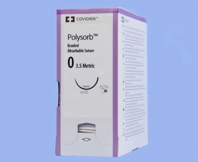 Medtronic Polysorb Absorbable Suture, Size 0, 30" Length, GS-21 Taper Point 1/2 Circle Needle 37mm, Coated, Undyed, 36/Case - Suture Polysorb Undyed GS-21 - Image 1