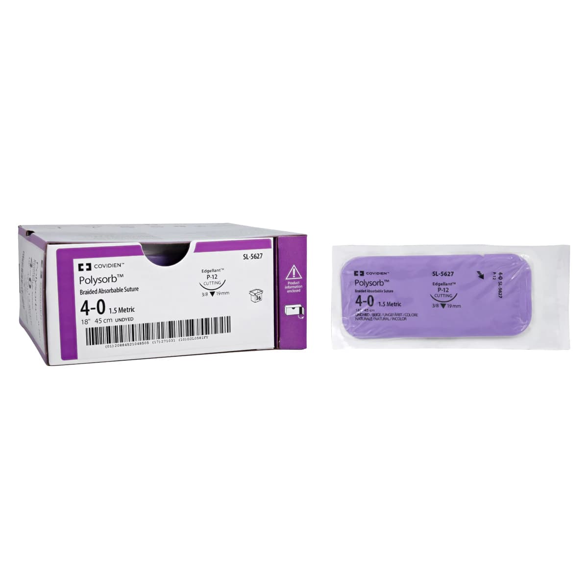 Medtronic Polysorb Absorbable Suture, 4-0, 18", P-12 Premium Reverse Cutting 3/8 Circle Needle 19mm, Undyed, 36/Case - Suture Polysorb Undyed P-12 - Image 1