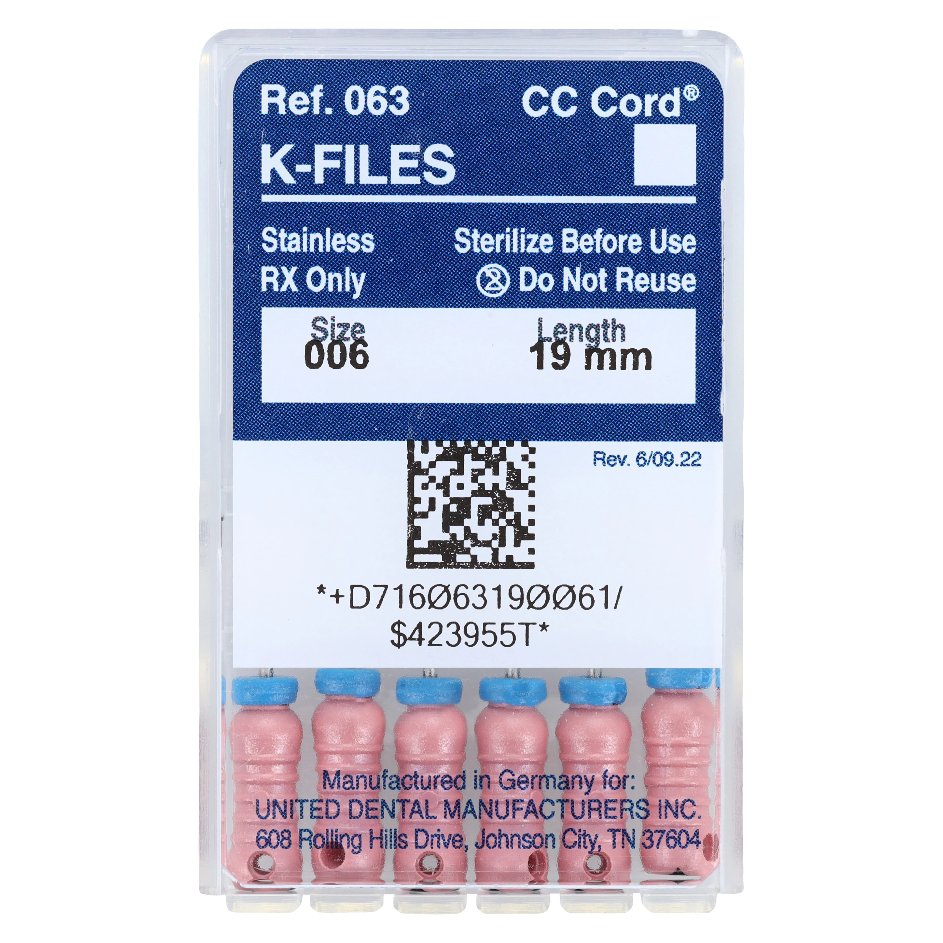 Roydent K-Type Files, Size #06, 19mm, Stainless Steel, Color-Coded Pink, 6/Pack, 06319006R - 06-19mm K-Files (6) - Image 1