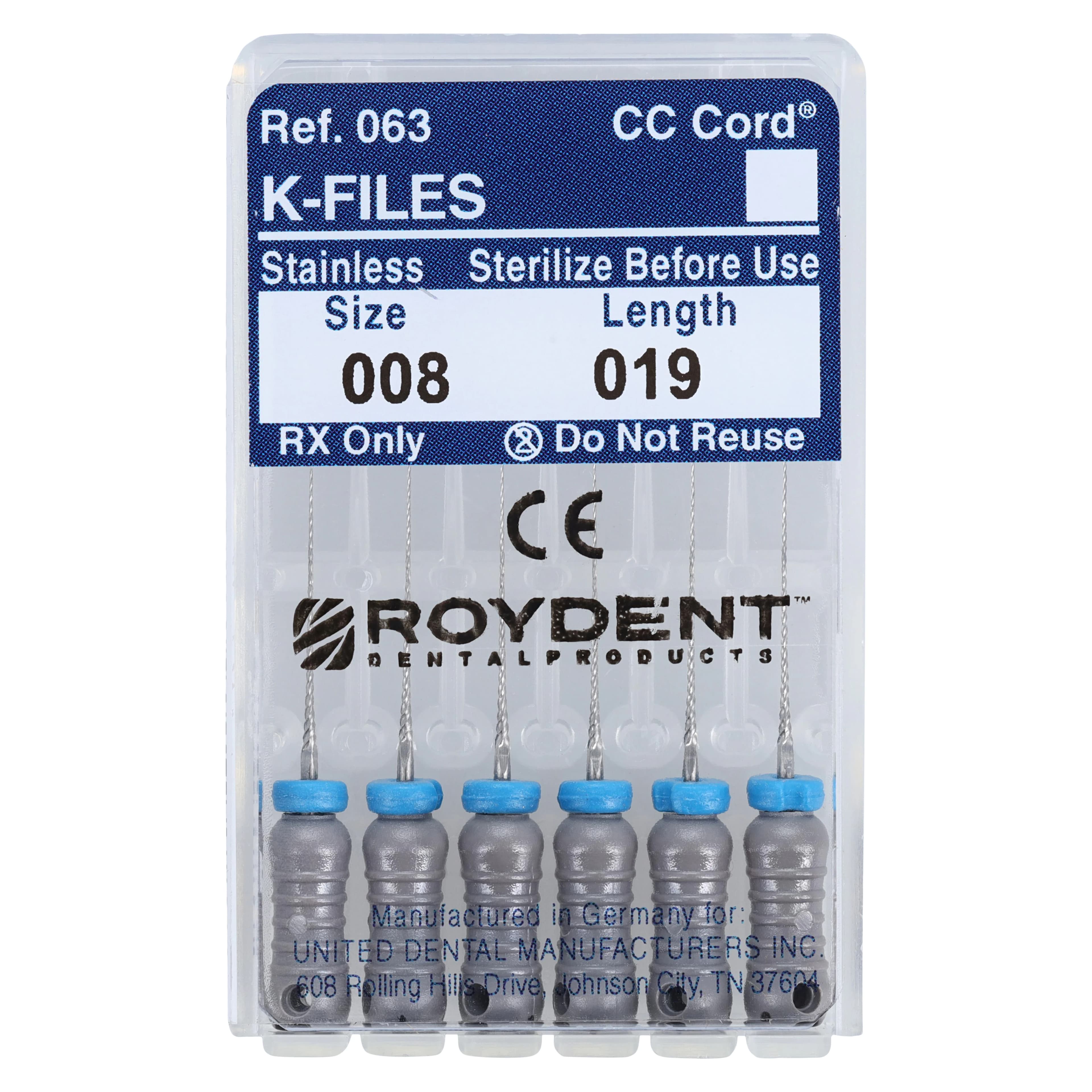 Roydent K-Type Files, Size #08 (Gray), 19mm, Pack of 6, 06319008R - 08-19mm K-Files (6) - Image 1