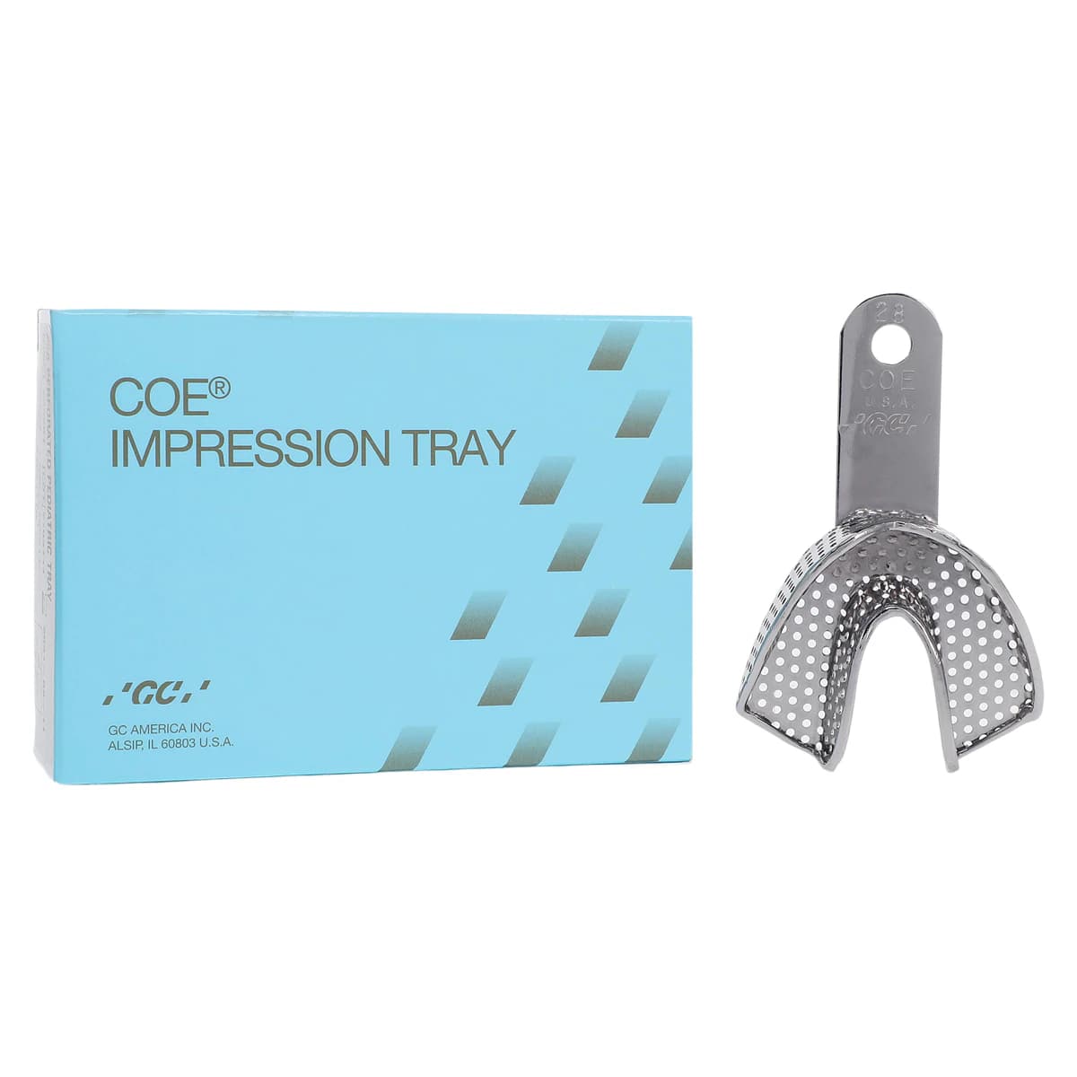 GC America COE Nickel-Plated Perforated Pedodontic Impression Tray, Lower #28 Extra Small, 1/Pack, 260281 - COE Pediatric Perforated Metal Trays - Image 1
