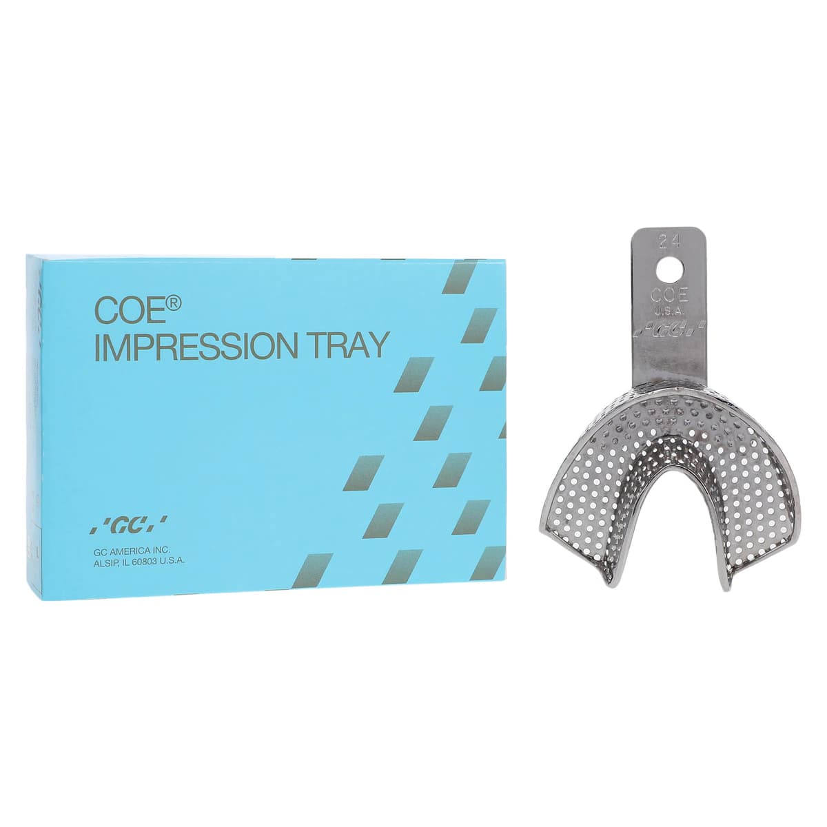 GC America COE Metal Impression Tray, Nickel-Plated Perforated, Pedodontic Lower #24 (Smaller), 1/Pk, 260241 - COE Metal Impression Trays - Image 1