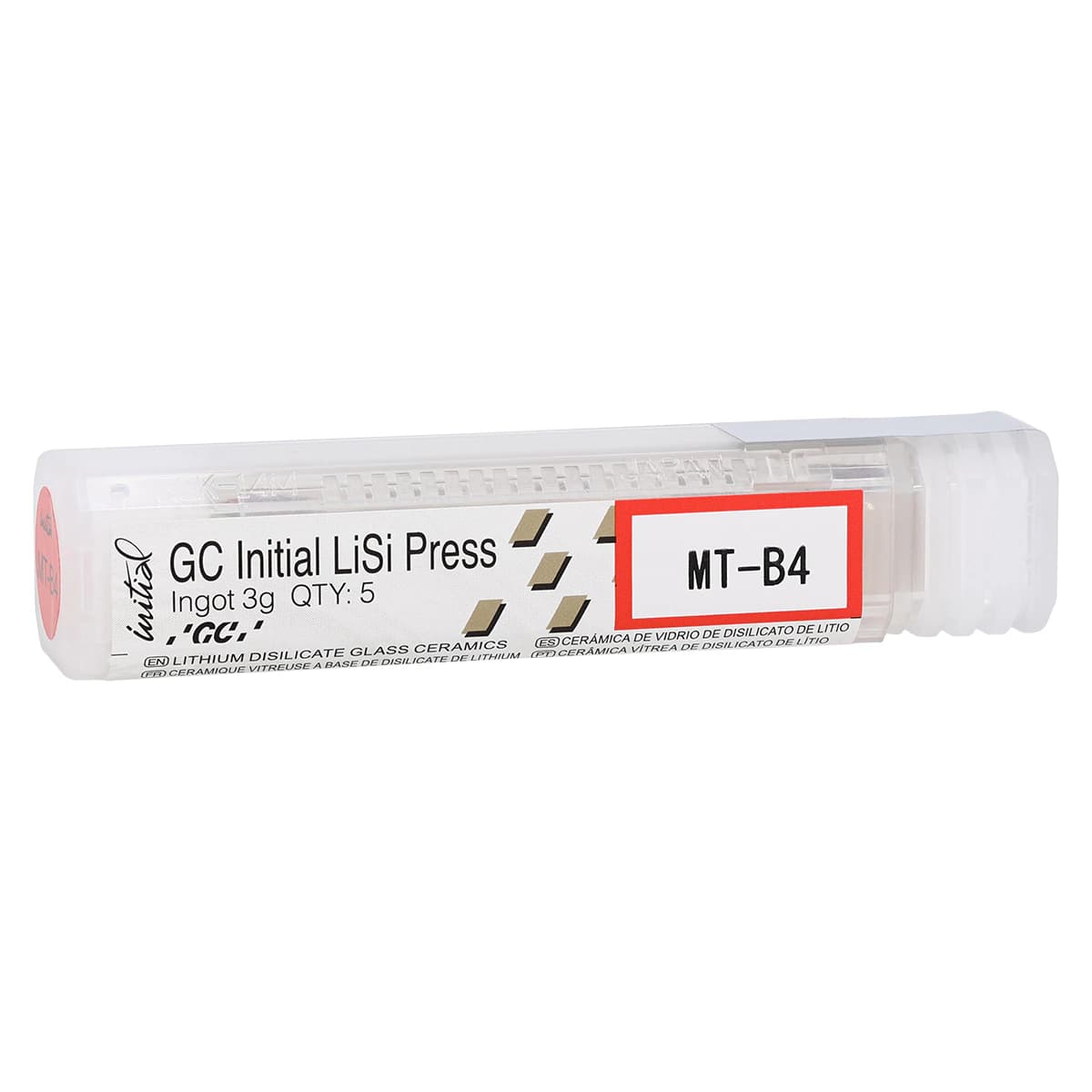 GC Initial LiSi Press Lithium Disilicate Pressable Ceramic Ingot, Shade MT-B4, 3g, 5/Pk - GC Initial® LiSi Press Ingot MT-B4 3g Pack of 5 - Image 1