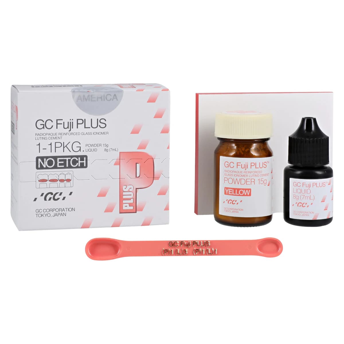 GC Fuji PLUS Resin-Reinforced Glass Ionomer Luting Cement, Powder/Liquid No-Etch Package, 15g Powder & 7mL Liquid, 431101 - Fuji Plus Pkg - No Etch - Image 1
