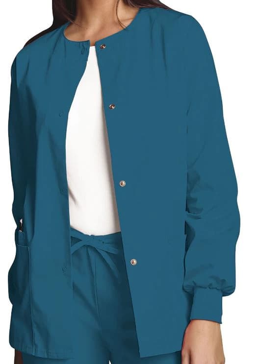Cherokee Workwear Warm-Up Jacket, Snap Front, 2 Pockets, Long Sleeves, Knit Cuff, Small, Women's, Caribbean Blue, 4350 - Jacket Warm-Up Snap Front 2Pkt - Image 1