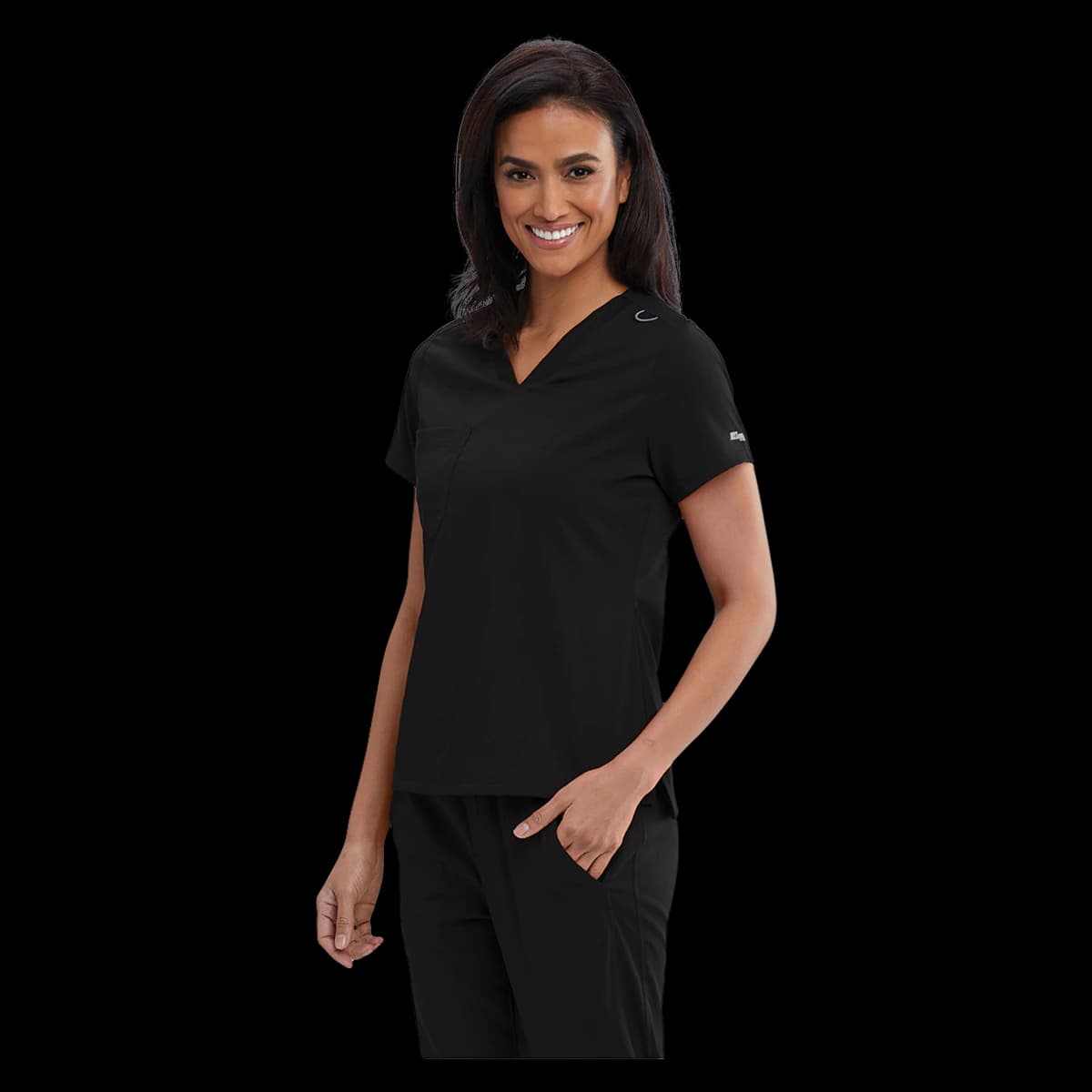 Grey's Anatomy Bree Scrub Top, V-Neck, 1 Pocket, Medium, Black, Spandex Stretch - Scrub Top Bree Stretch VN - Image 1