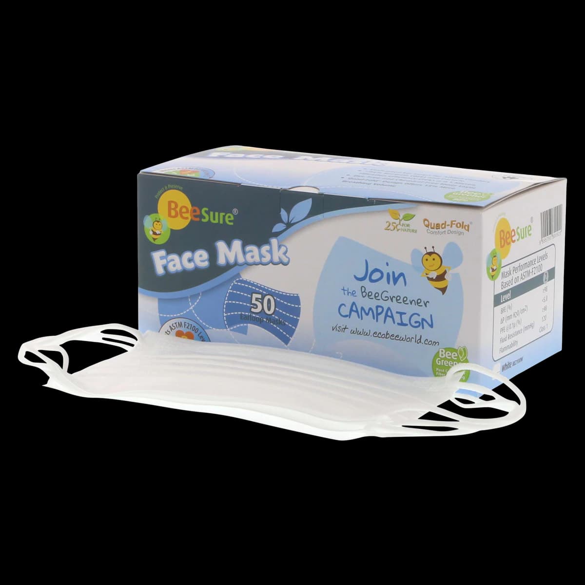 BeeSure Deluxe Earloop Face Mask, ASTM Level 2, White, 50/Box, BE2100W - BeeSure® Earloop Face Masks – ASTM Level 2, 50/Pkg - White - Image 1