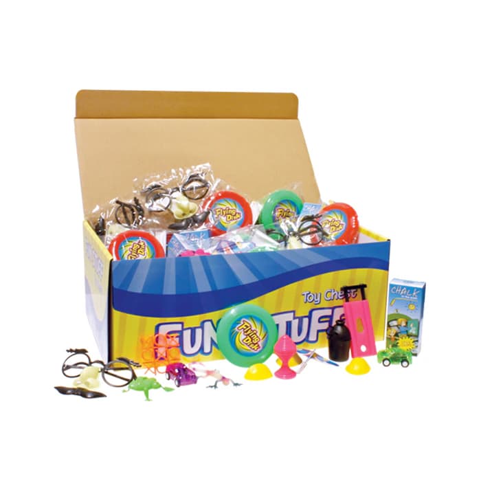 Sherman Specialty Bargain Toy Chest, 200 Assorted Individually Wrapped Toys, Games, Tricks & Puzzles in Cardboard Chest, 9" x 16.25" x 6.5" - Bargain Toy Chest 200 Pieces - Image 1