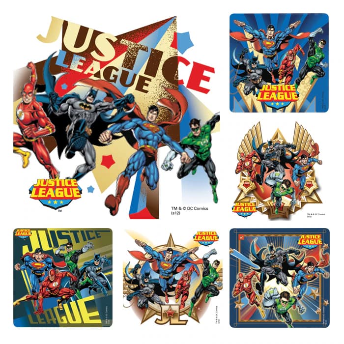 Justice League Stickers, 2.5" x 2.5", 6 Assorted Designs, 100/Roll, PS552 - Justice League Stickers 100/Roll - Image 1
